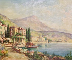 Peinture à l'huile de Vincenzo Funiciello:: Vue du lac de Côme:: Lombardie:: Italie.