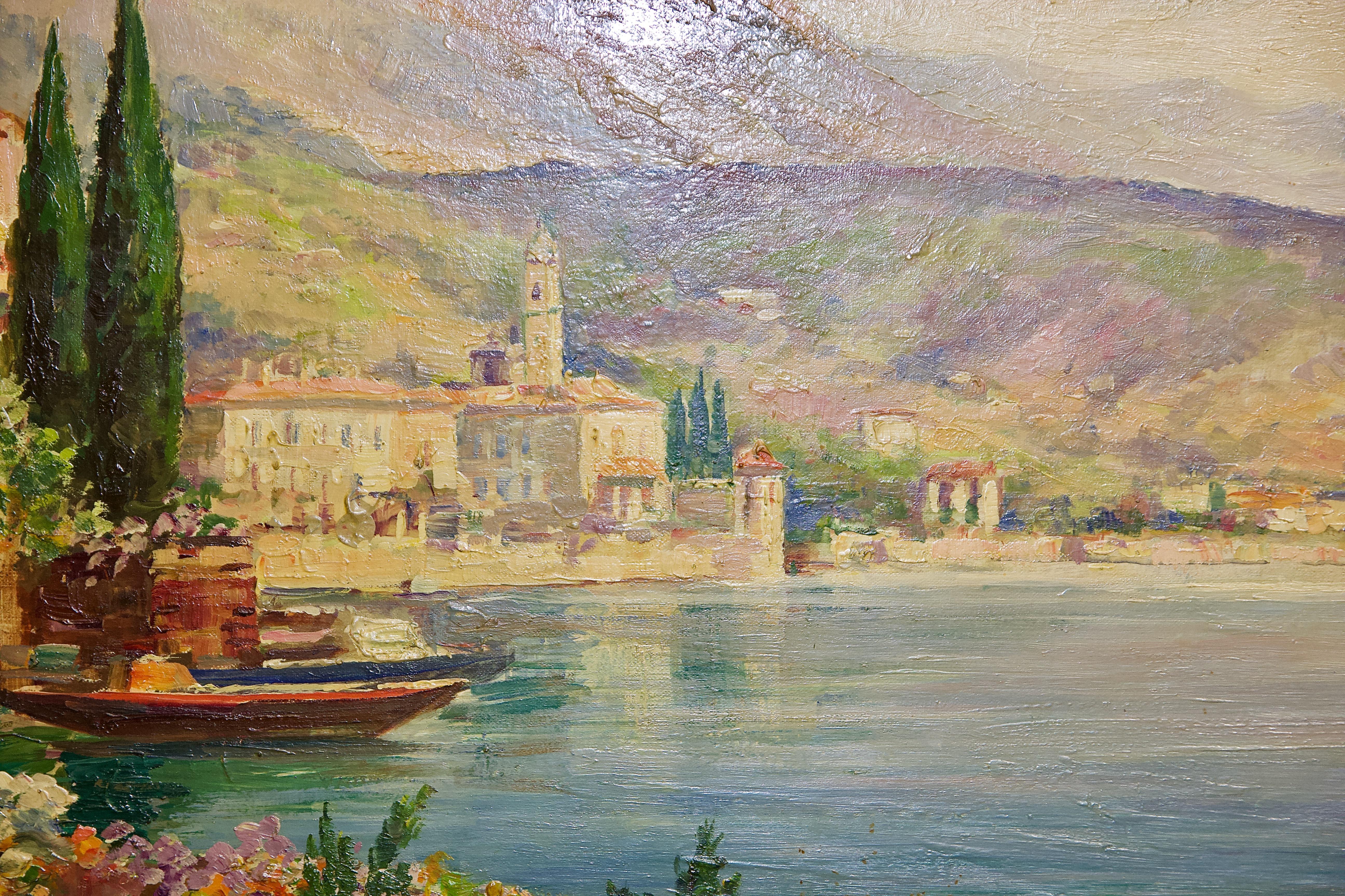 Oil painting by Vincenzo Funiciello, view from Lake Como, Lombardy, Italy. summer landscape.

Signed lower left.
Dimensions without frame.

Frame has minor damage in places.