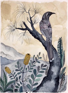 Wattle Bird with Casuarina and Coastal Banksia by Sally Browne.