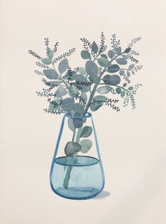 Seeded Eucalyptus in Turquoise Glass Vase by Sally Browne. Watercolour on Paper.