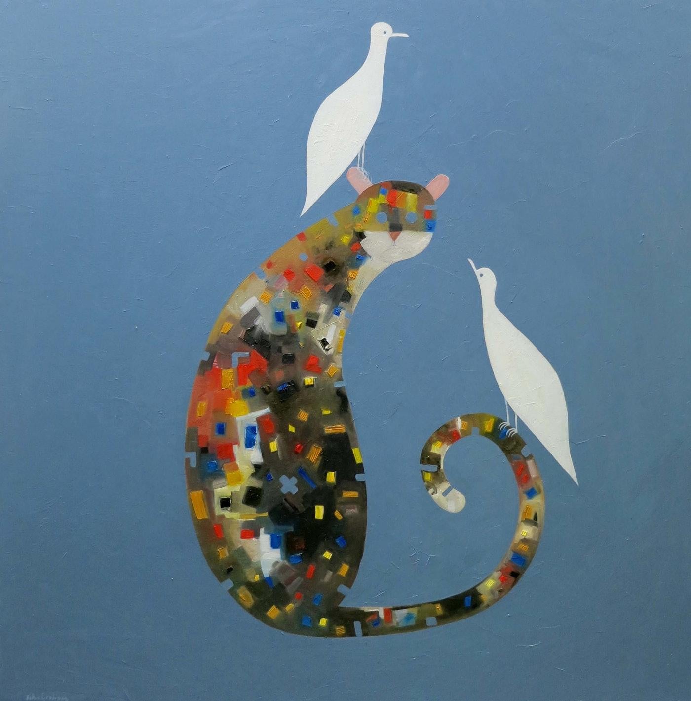 John Graham Figurative Painting - Cat with Two White Doves - One of my very best