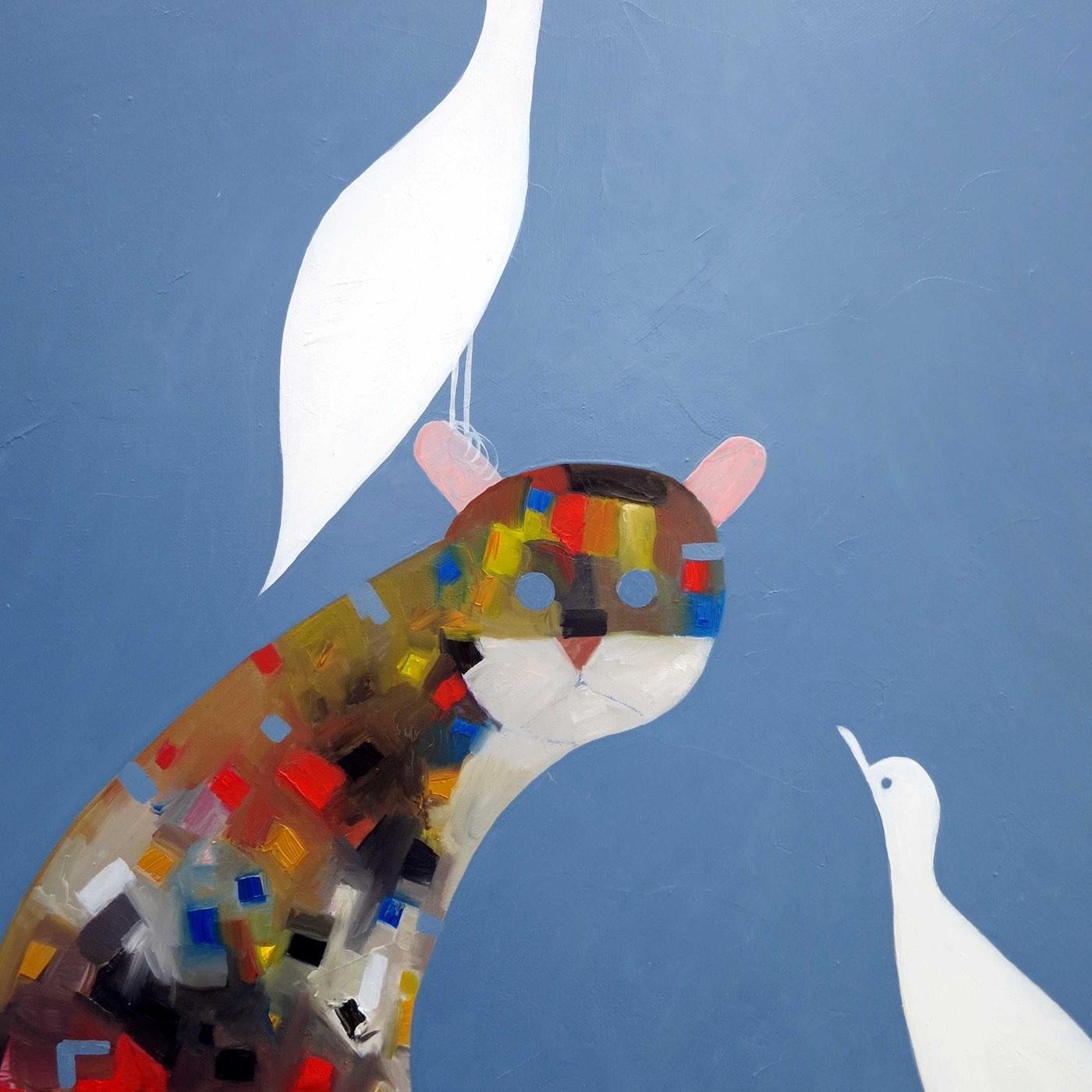 Cat with Two White Doves - One of my very best - Blue Figurative Painting by John Graham