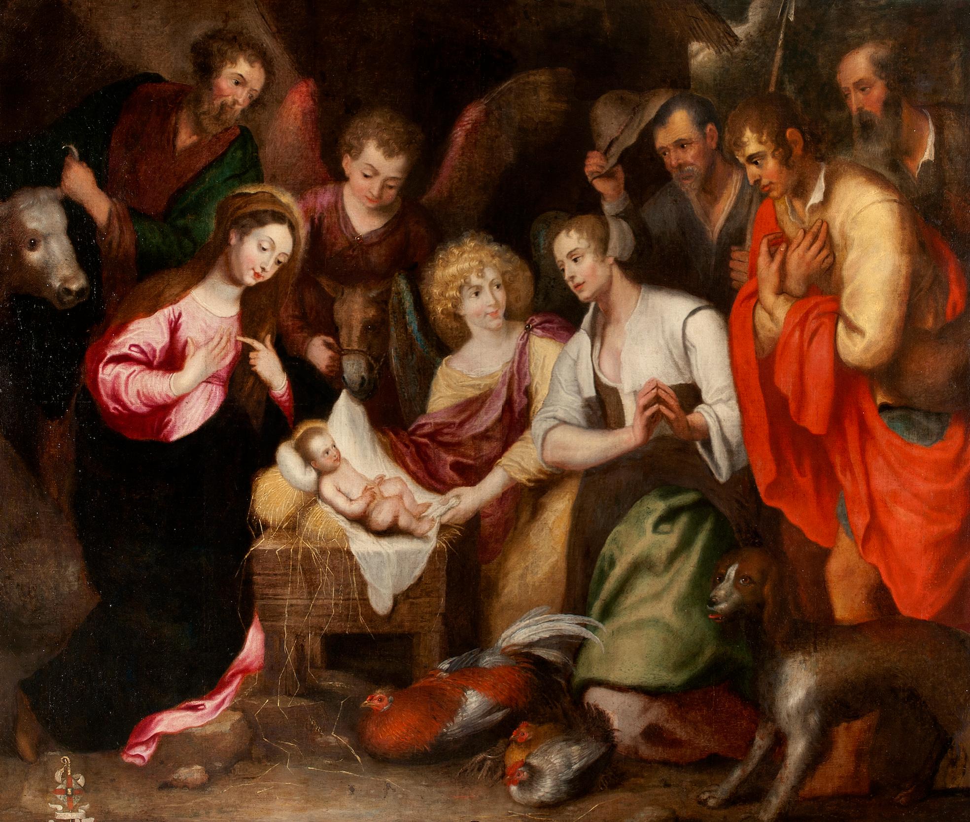 Nativity Adoration Italy Baroque Paint Oil on canvas 17th Century Flandre  - Painting by Circle Of Gaspar De Crayer