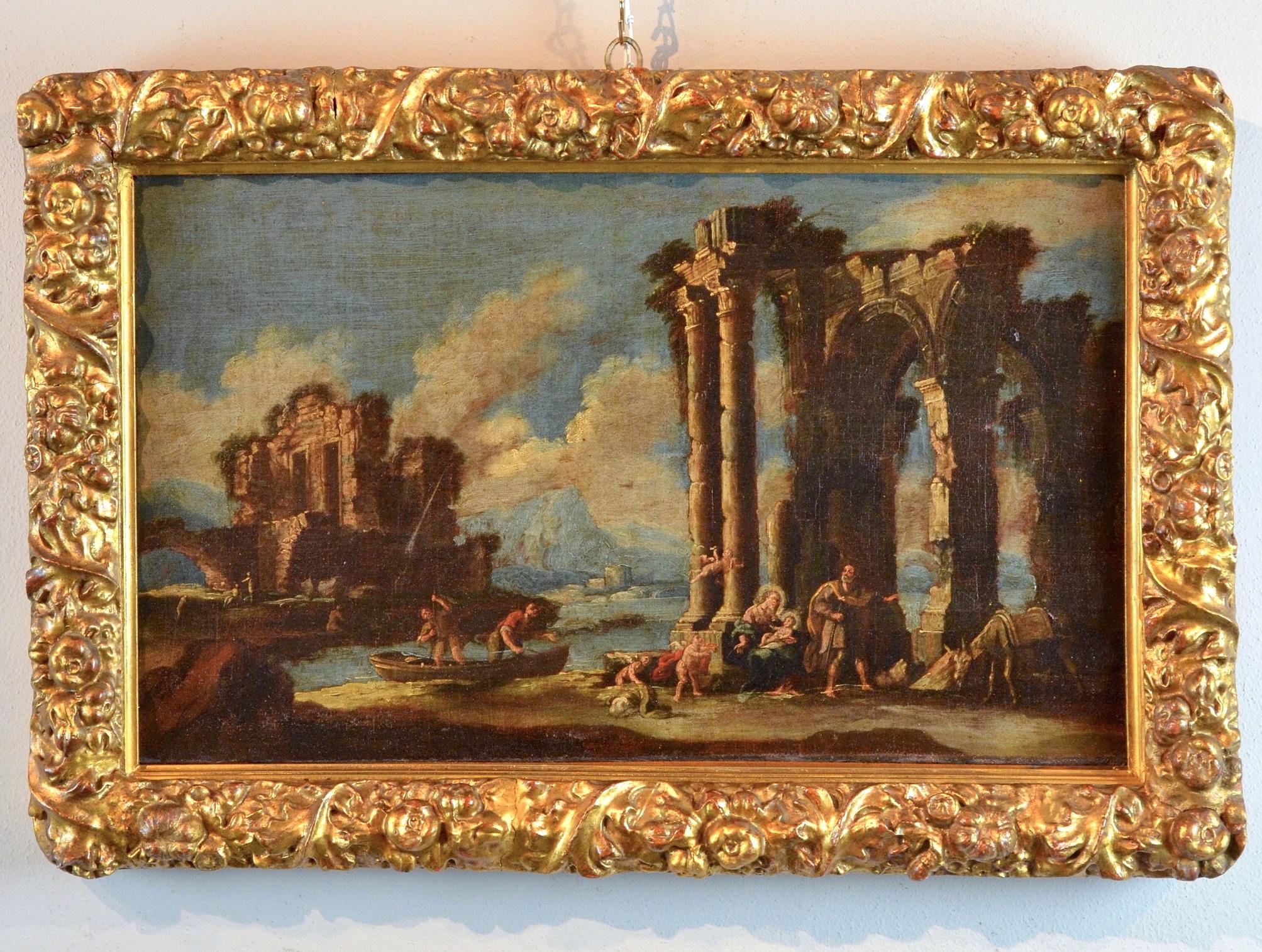 Gemälde Öl auf Leinwand Landschaft Italien Kunst 18. Jahrhundert Capriccio Architektur, Ölgemälde