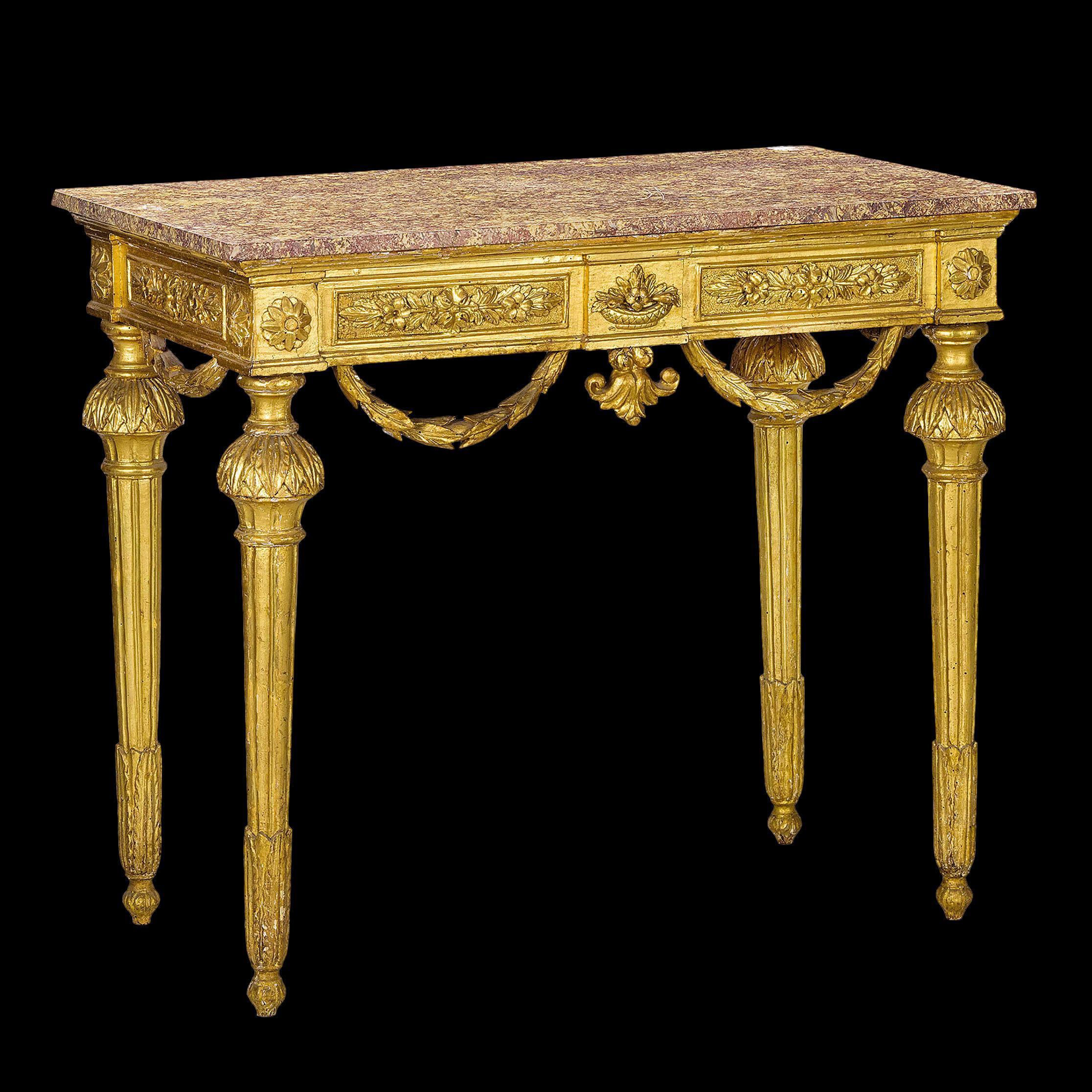 Old Italian console Louis XVI style gilded wood, quality work made in the late eighteenth century by Genoese workers.

Louis XVI period (1774-1793)
Genoa, around 1785
Carved and gilded wood, Spanish brocatel marble
Height 88 cm, width 103 cm, depth