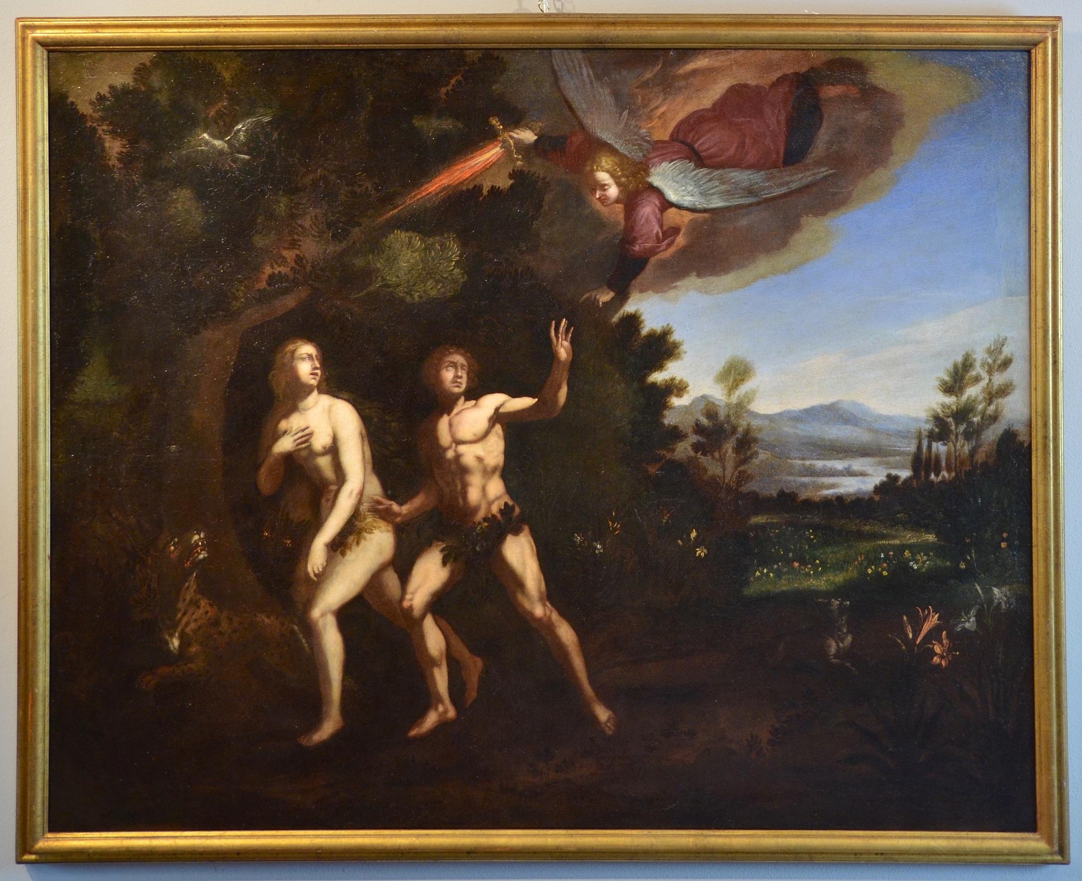 Workshop of Giuseppe Cesari known as the Cavalier of Arpino (1568 - 1640) Landscape Painting - Adam And Eve Paradise Old master Paint Oil on canvas 16/17th Century Italy
