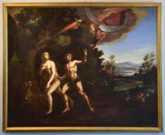 Adam And Eve Paradise Old master Paint Oil on canvas 16/17th Century Italy