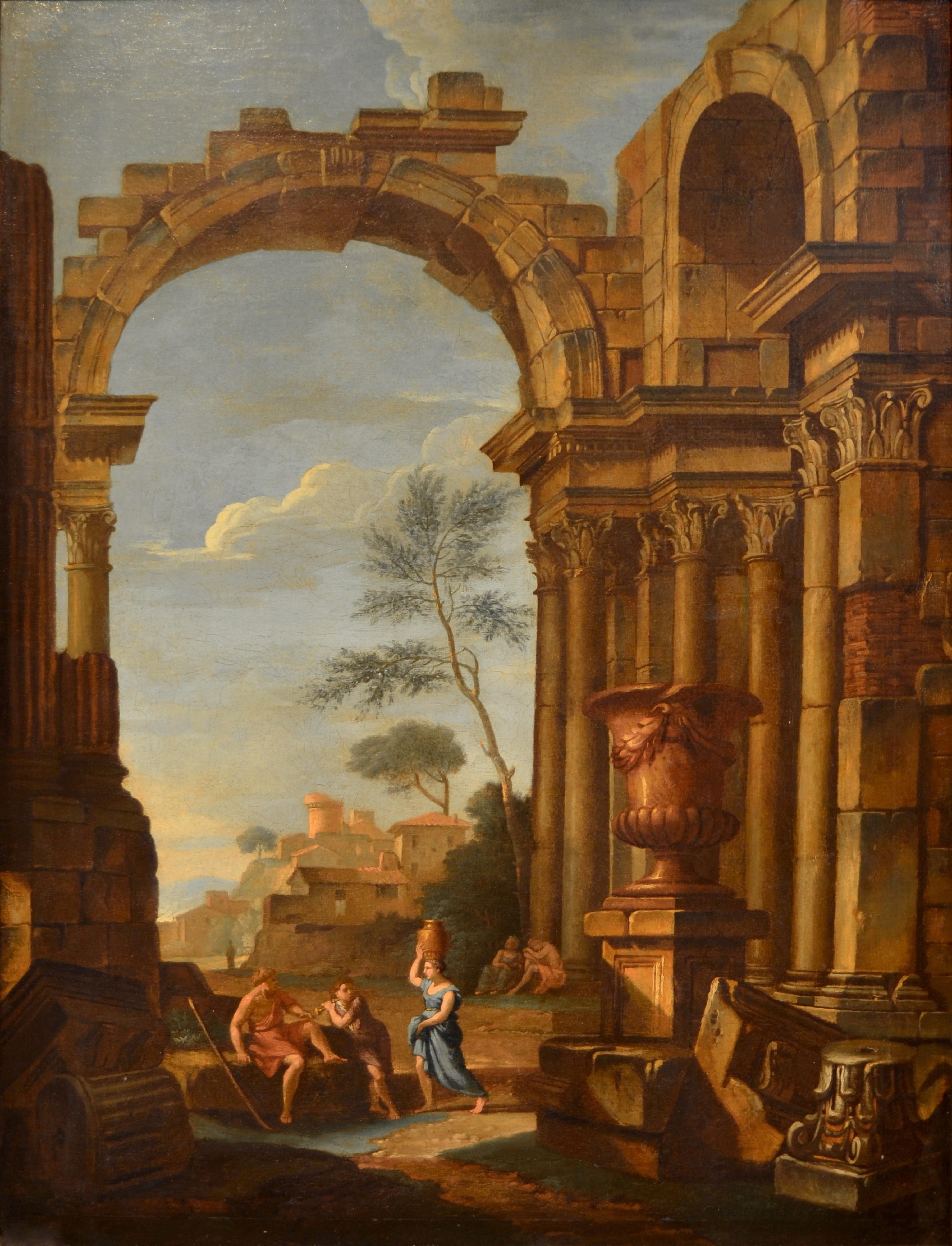 Capriccio Architectural Paint Oil on canvas 18th Century Landscape Italy Roma - Painting by Pierre-antoine Demachy