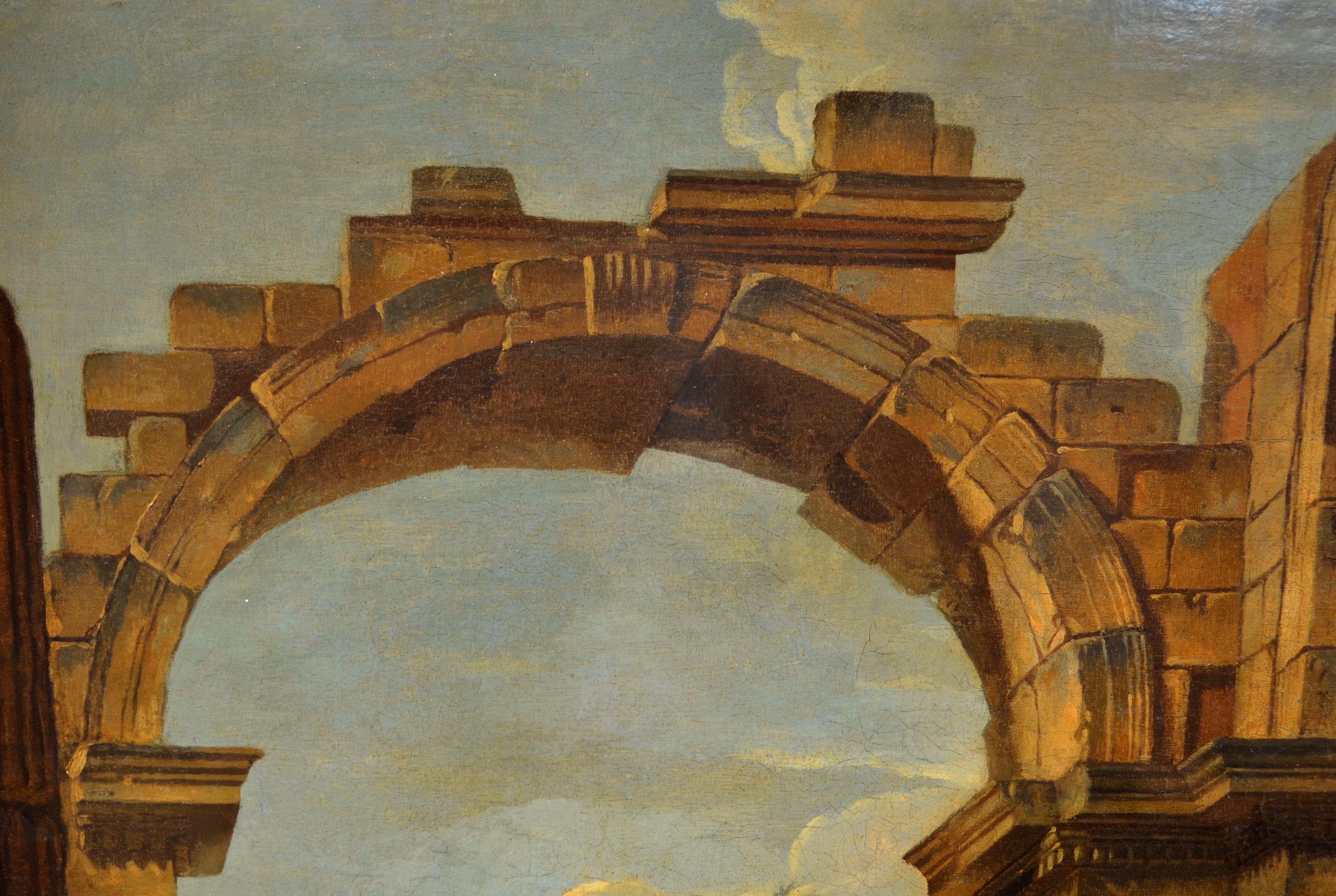 Capriccio Architectural Paint Oil on canvas 18th Century Landscape Italy Roma For Sale 1