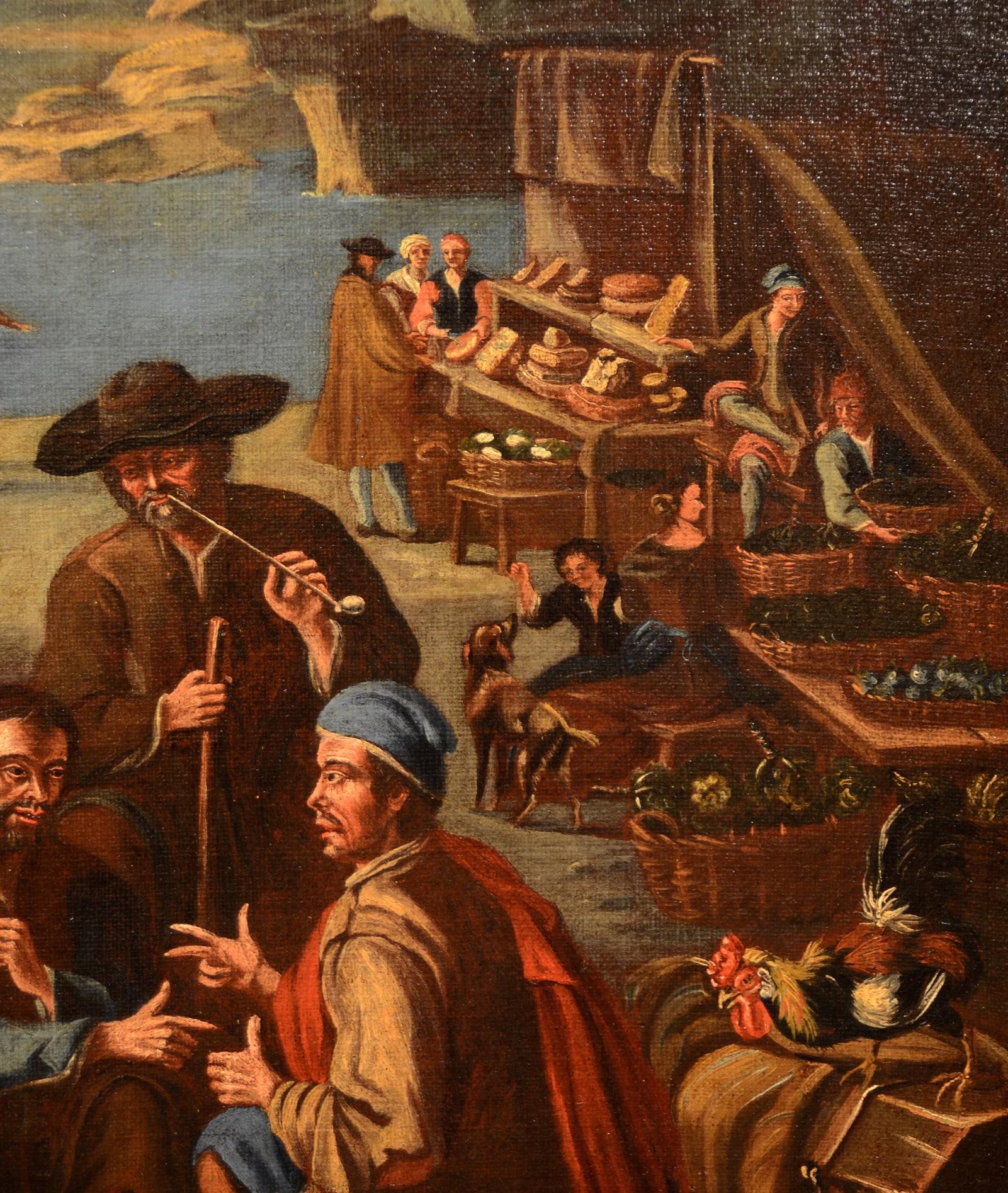 Coastal Landscape With A Market Scene Paint Oil on canvas 17th Century Italy Art 2