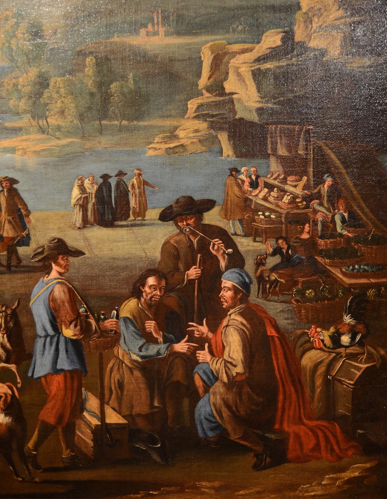 Coastal Landscape With A Market Scene Paint Oil on canvas 17th Century Italy Art 3