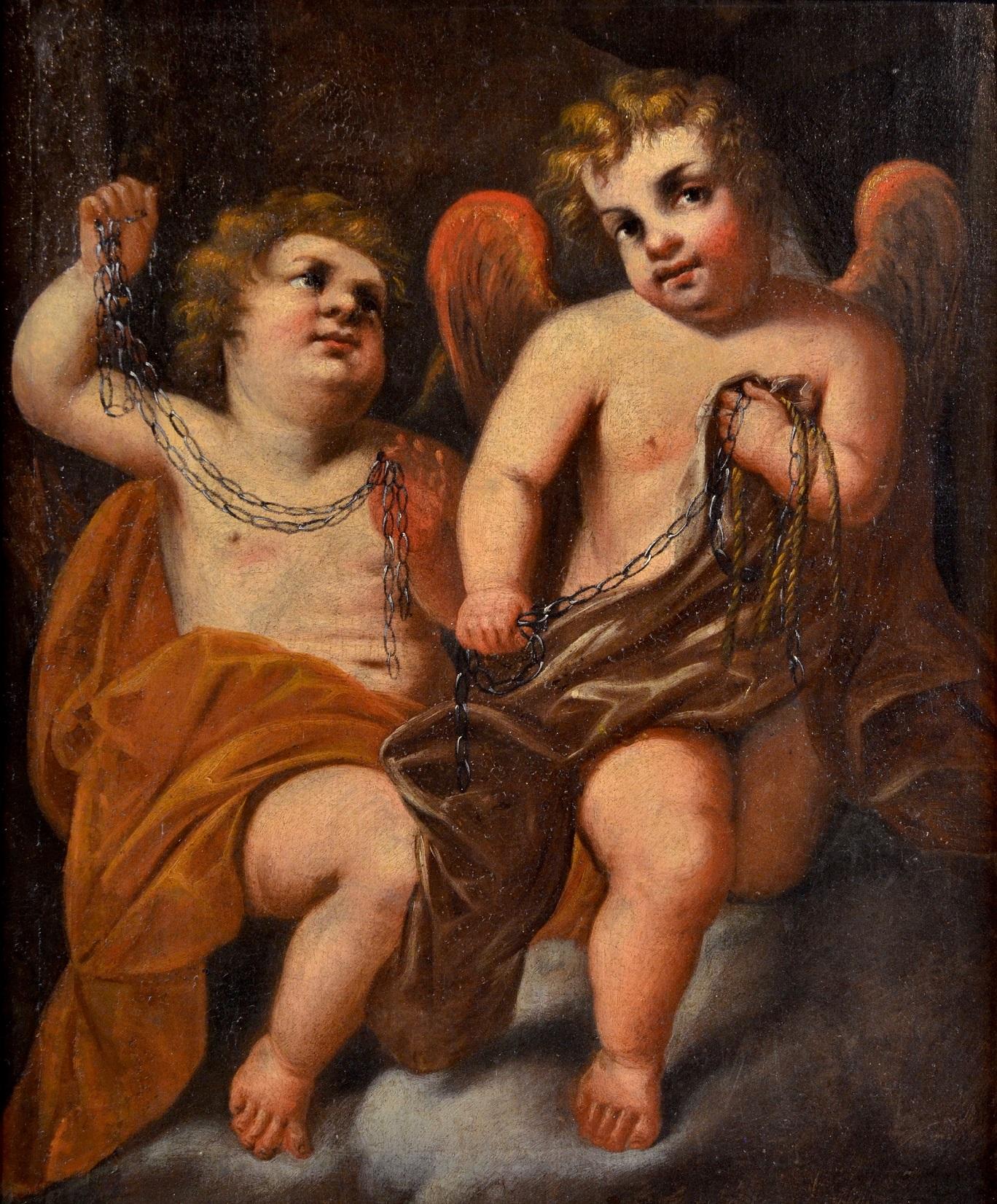 Attribué à Giovanni Battista Merano (Gênes 1632 - Plaisance 1698)
Paire de chérubins ailés avec chaînes

École génoise, vers 1670-80
Huile sur toile, 67 x 57 cm.
Encadré 89 x 78 cm.

Cette agréable peinture, représentant une paire d'angelots ailés,
