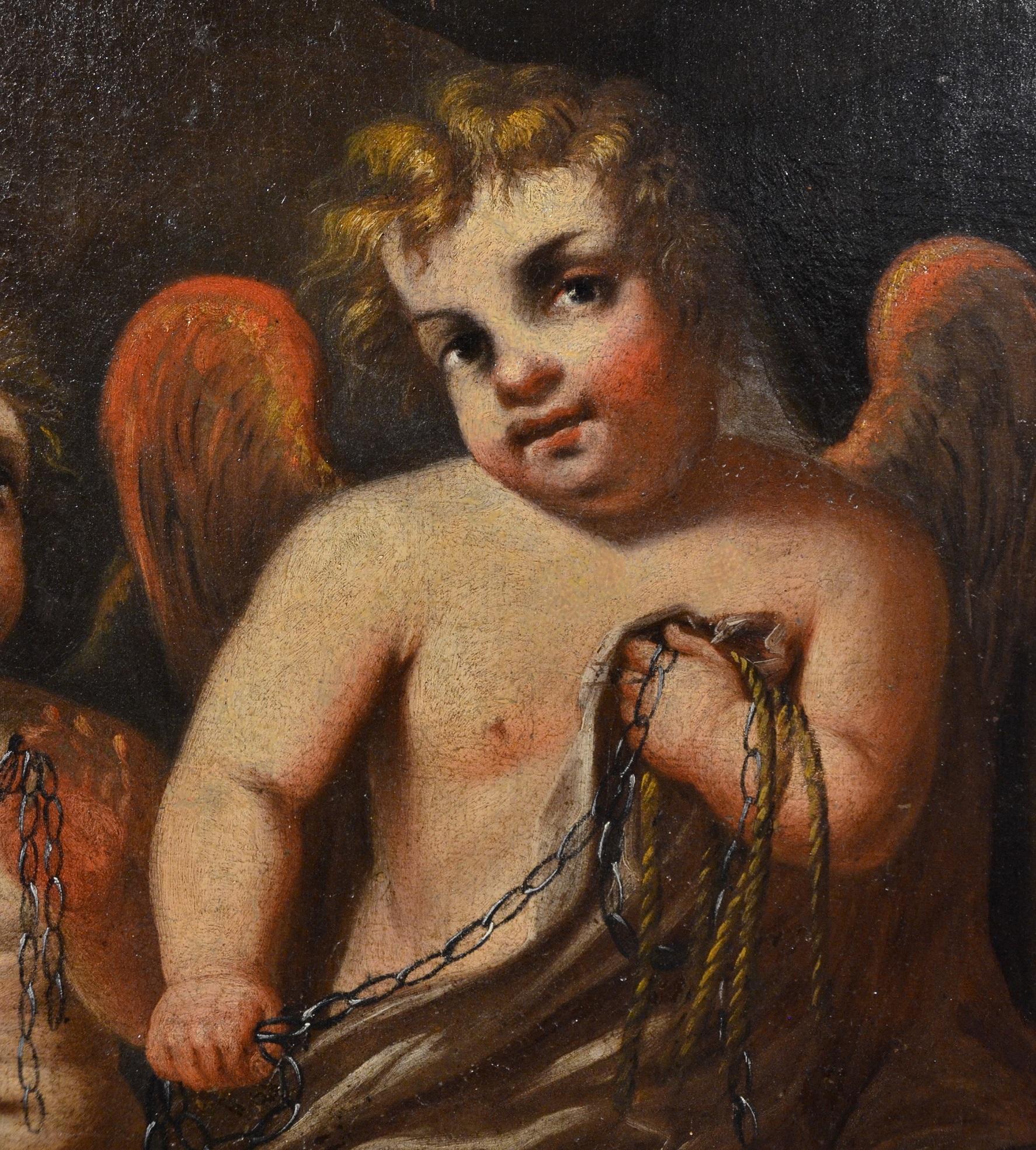 Peinture à l'huile sur toile de putti ailés baroque du XVIIe siècle - Michel-Ange Mitologique  en vente 1