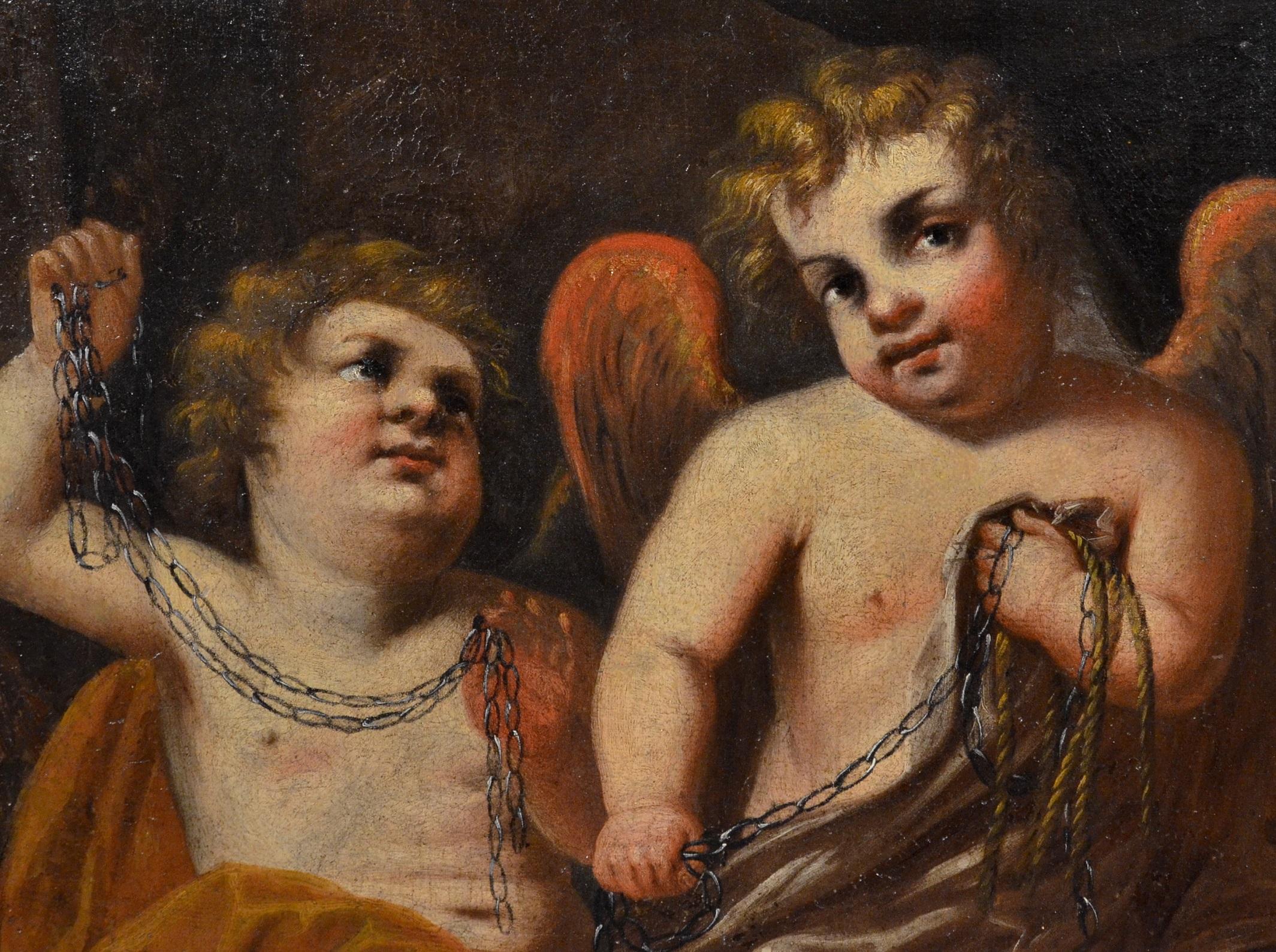 Giovanni Battista Merano (Genua 1632 - Piacenza 1698) zugeschrieben
Paar geflügelte Cherubinen mit Ketten

Genueser Schule, um 1670-80
Öl auf Leinwand, 67 x 57 cm.
Gerahmt 89 x 78 cm.

Dieses schöne Gemälde, das ein Paar geflügelte Putten darstellt,