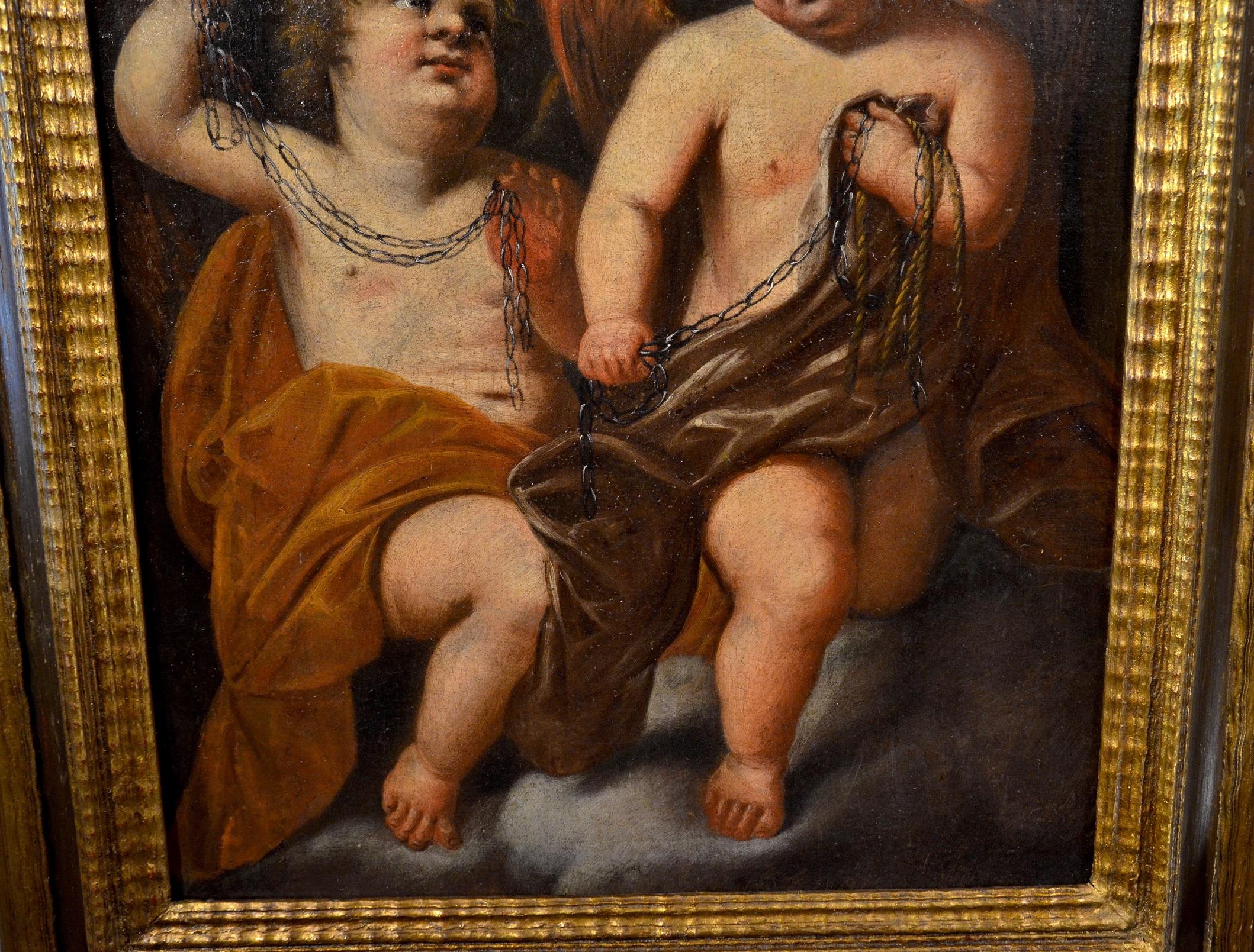 Attributed to Giovanni Battista Merano (Genoa 1632 - Piacenza 1698)
Pair of winged cherubs with chains

Genoese school, around 1670-80
Oil on canvas, 67 x 57 cm.
Framed 89 x 78 cm.

This pleasant painting, depicting a pair of winged cherubs, is