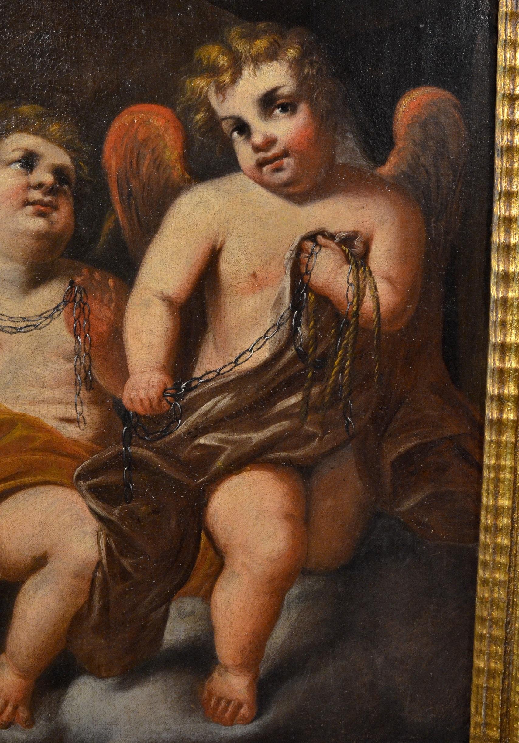 Winged Putti Paint Oil on canvas Baroque 17th Century Mitological Michelangelo  For Sale 1