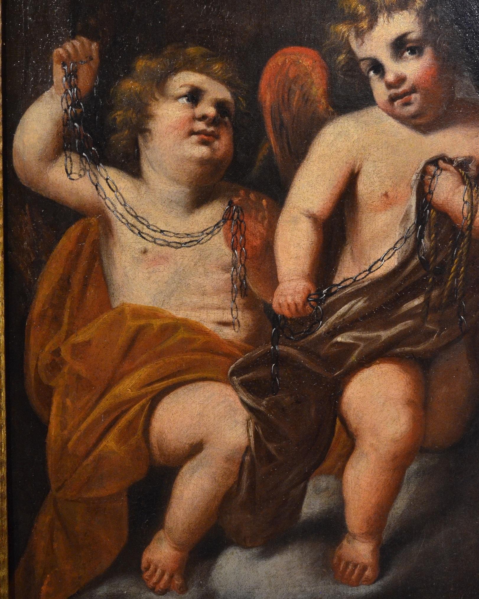Winged Putti Paint Oil on canvas Baroque 17th Century Mitological Michelangelo  For Sale 2