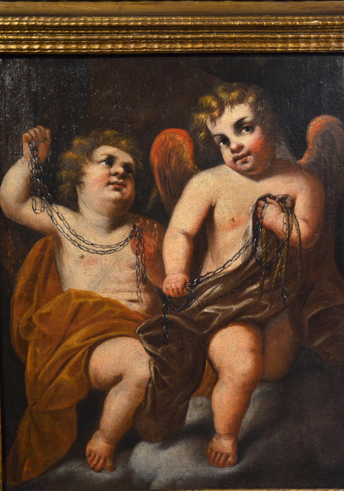 Winged Putti Paint Oil on canvas Baroque 17th Century Mitological Michelangelo  For Sale 3