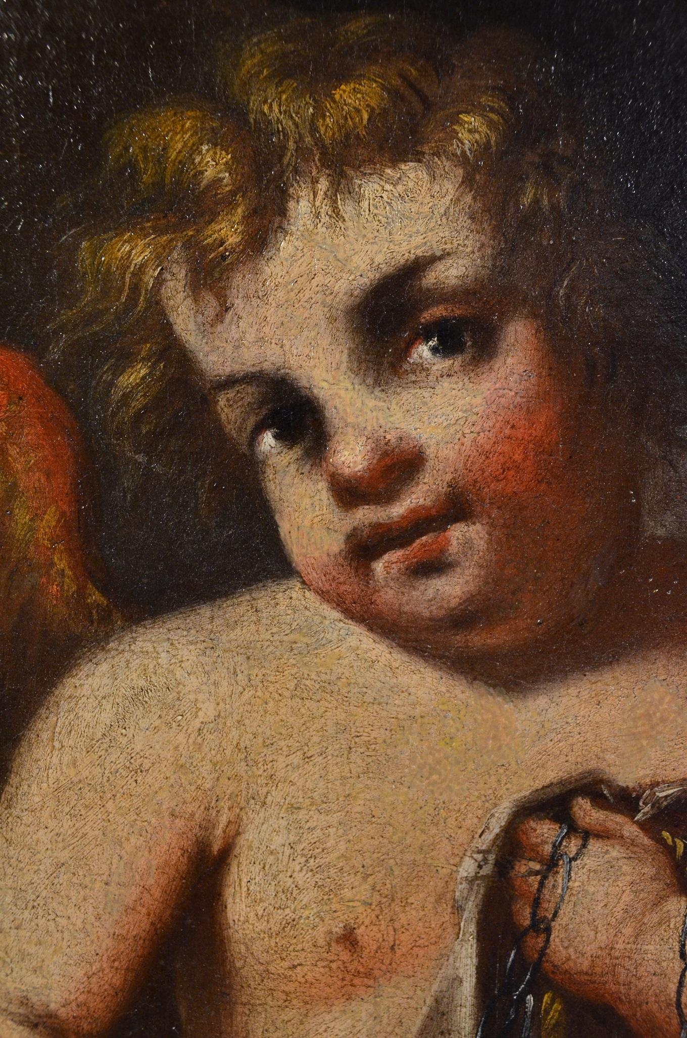 Winged Putti Paint Oil on canvas Baroque 17th Century Mitological Michelangelo  For Sale 6