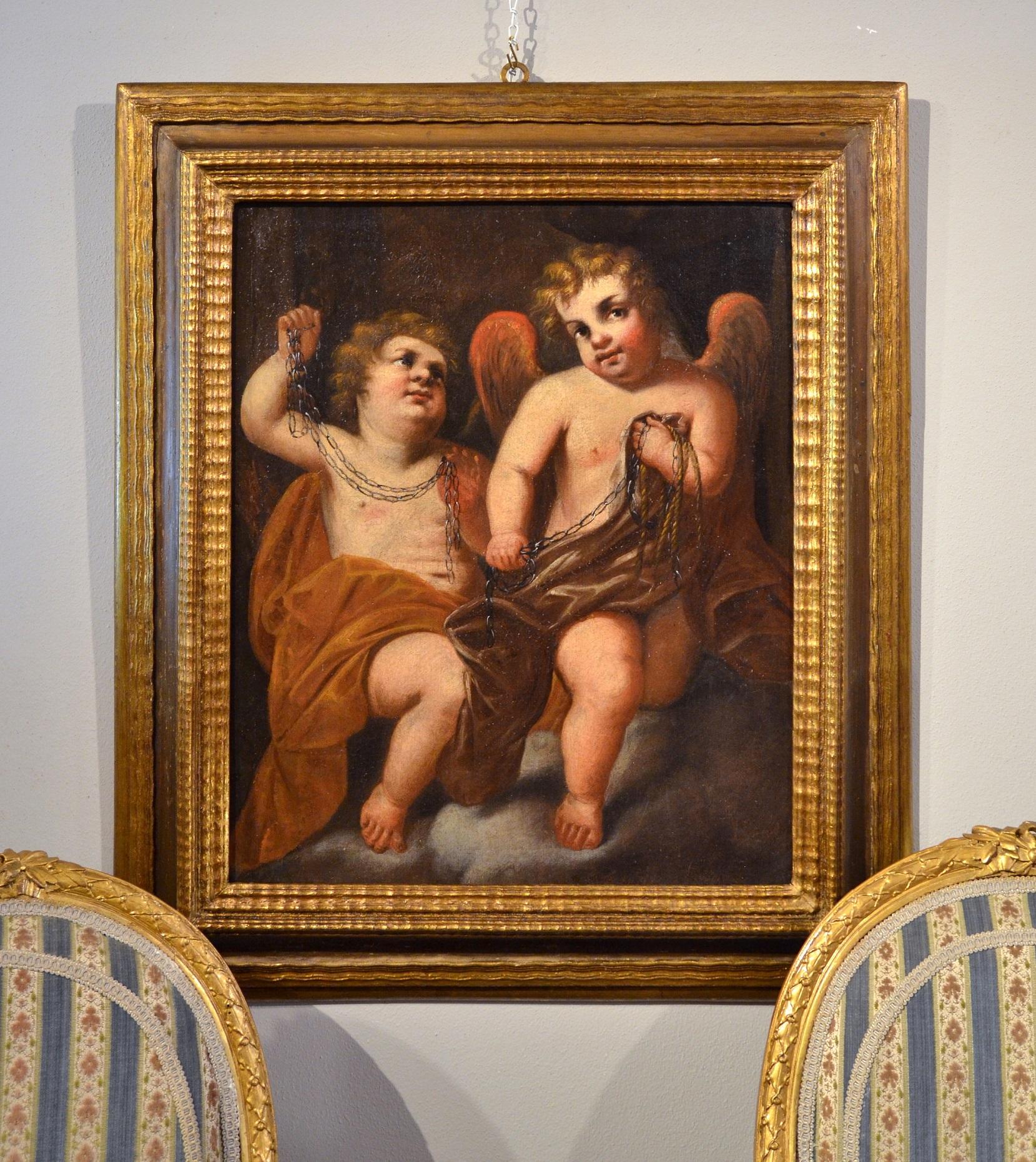 Winged Putti Paint Oil on canvas Baroque 17th Century Mitological Michelangelo  For Sale 9