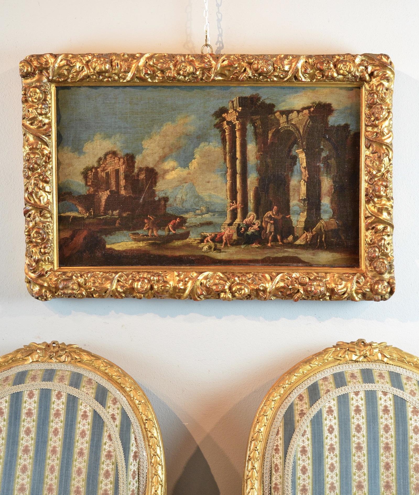 Gemälde Öl auf Leinwand Landschaft Italien Kunst 18. Jahrhundert Capriccio Architektur, Ölgemälde – Painting von Nicola Viso 
