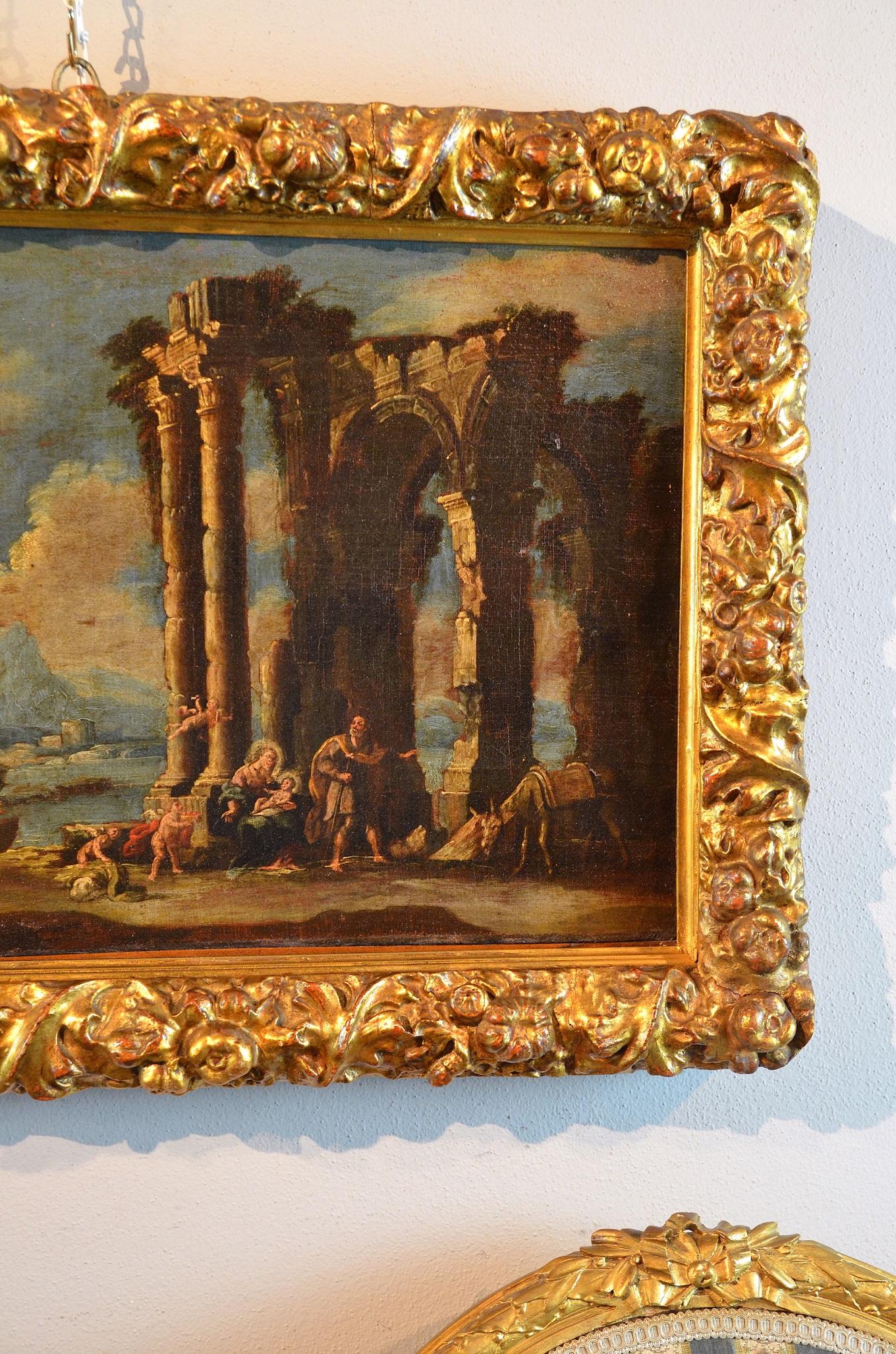 Gemälde Öl auf Leinwand Landschaft Italien Kunst 18. Jahrhundert Capriccio Architektur, Ölgemälde (Braun), Landscape Painting, von Nicola Viso 