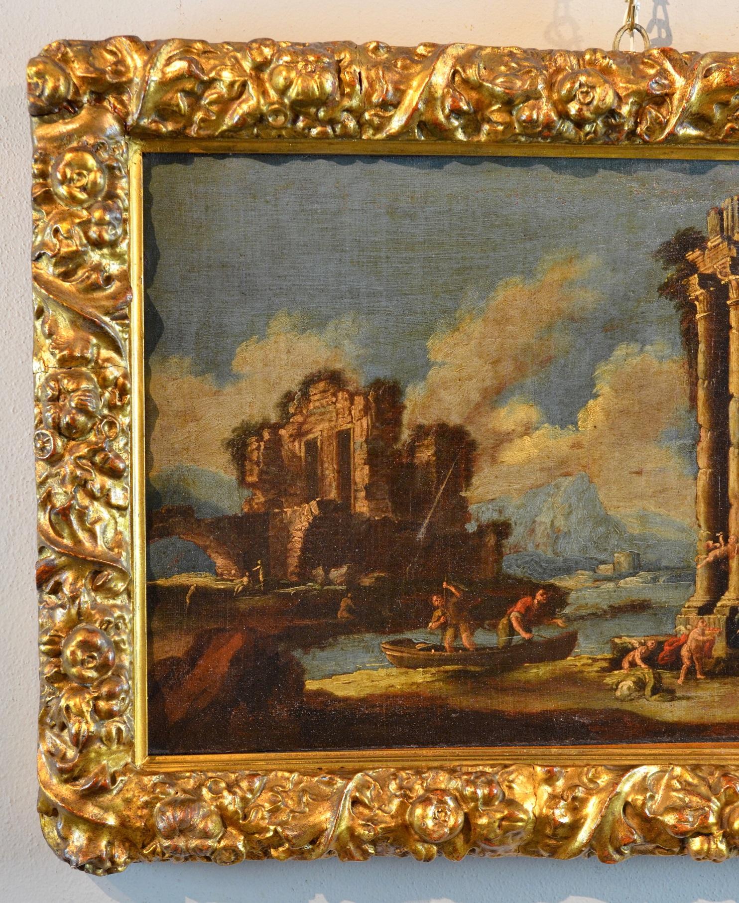 Paint Oil on canvas Landscape Italy Art18th Century Capriccio Architectural - Old Masters Painting by Nicola Viso 