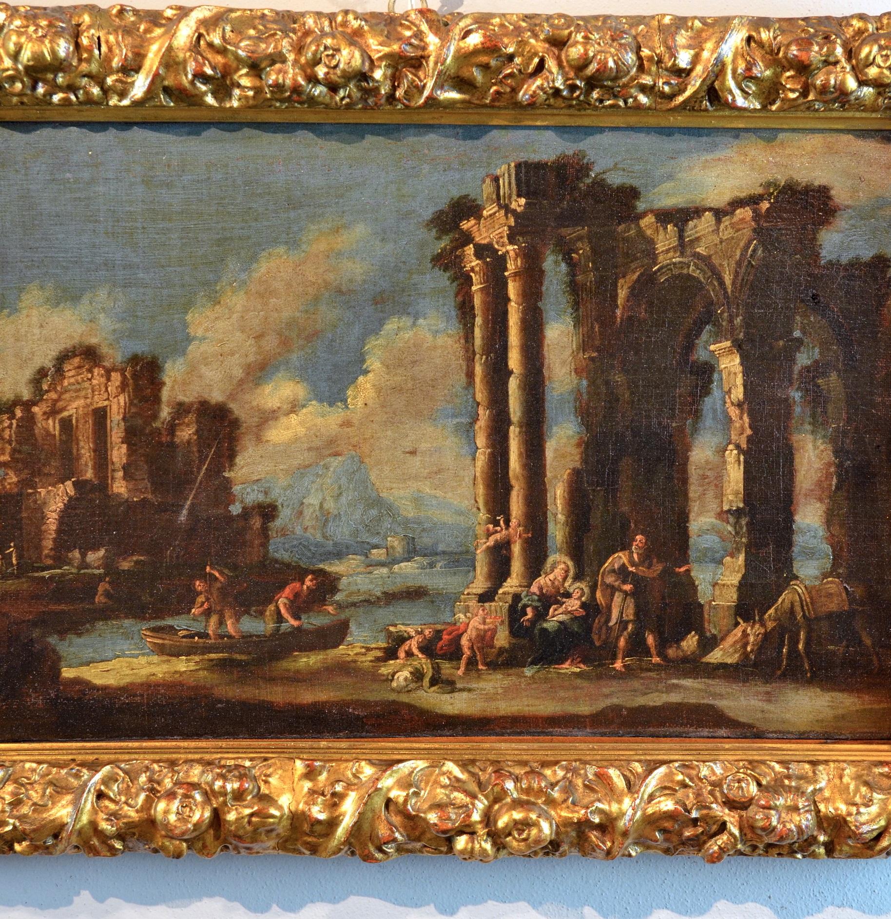 Nicola Viso
(active in Naples in the first half of the 18th century)
Architectural capriccio with temple in ruins and scene of the rest of the Holy Family

Neapolitan school of the eighteenth century
oil on canvas, 38 x 64 cm
With a valuable period