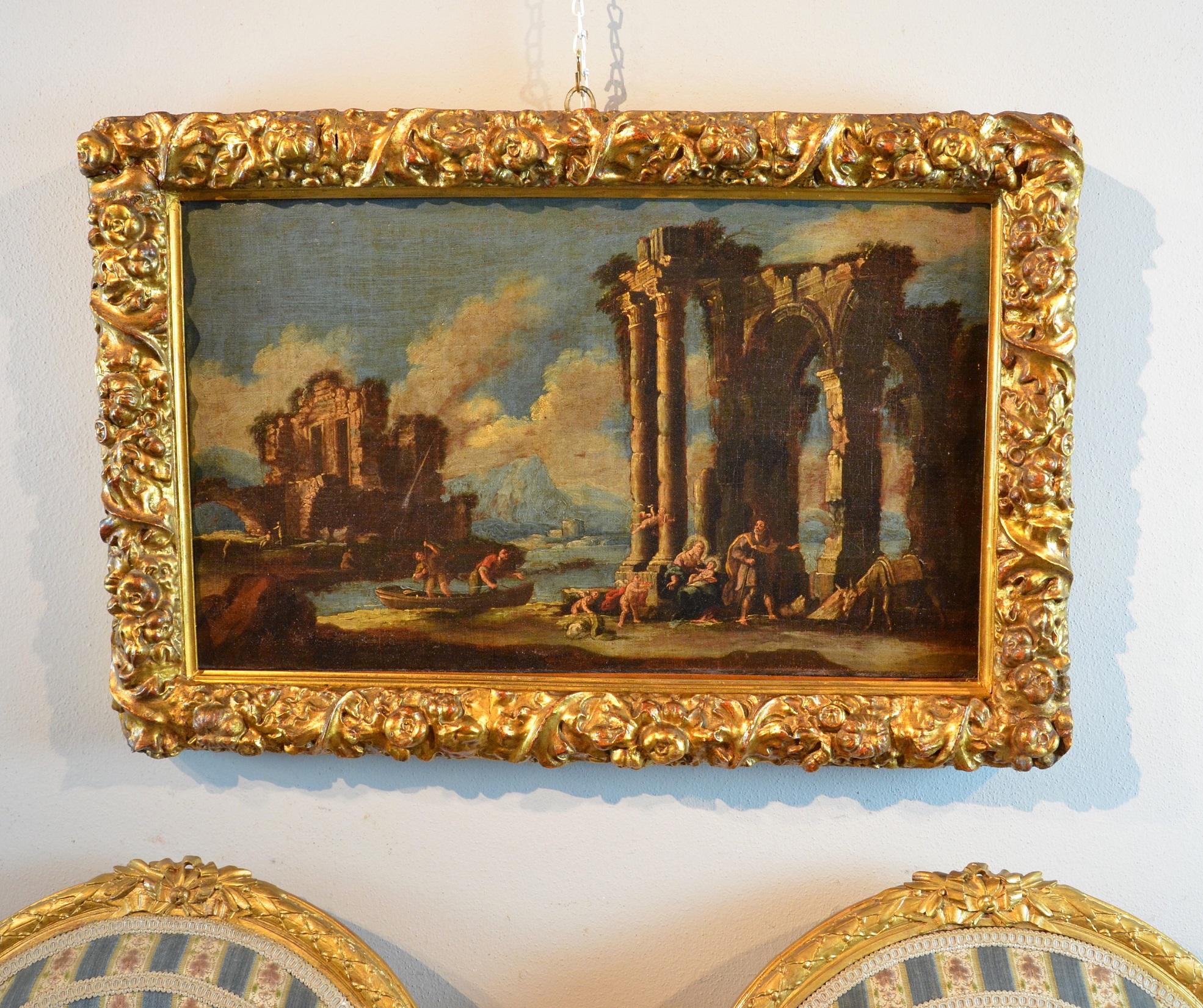 Paint Oil on canvas Landscape Italy Art18th Century Capriccio Architectural For Sale 1