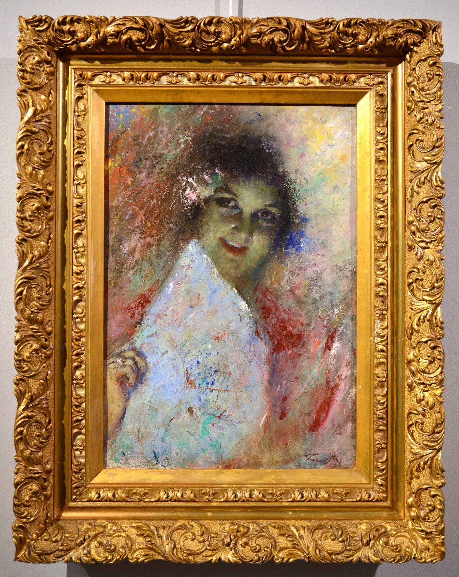 Portrait Girl 19th Century Neapolitan Italy paint Oil on panel Impressionist - Painting by Unknown