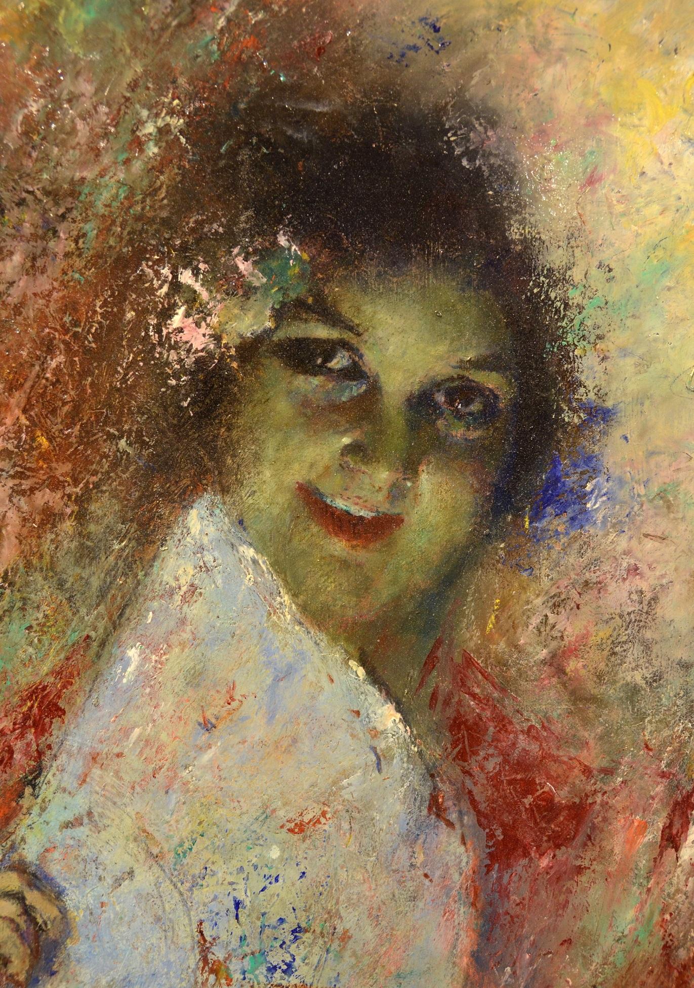 Portrait Girl 19th Century Neapolitan Italy paint Oil on panel Impressionist 1