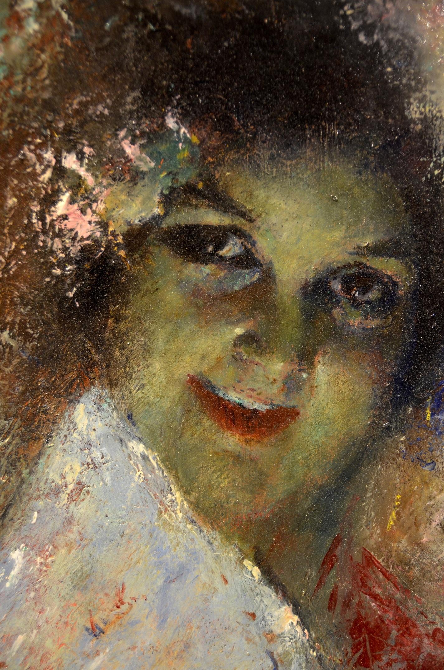 Portrait Girl 19th Century Neapolitan Italy paint Oil on panel Impressionist 2
