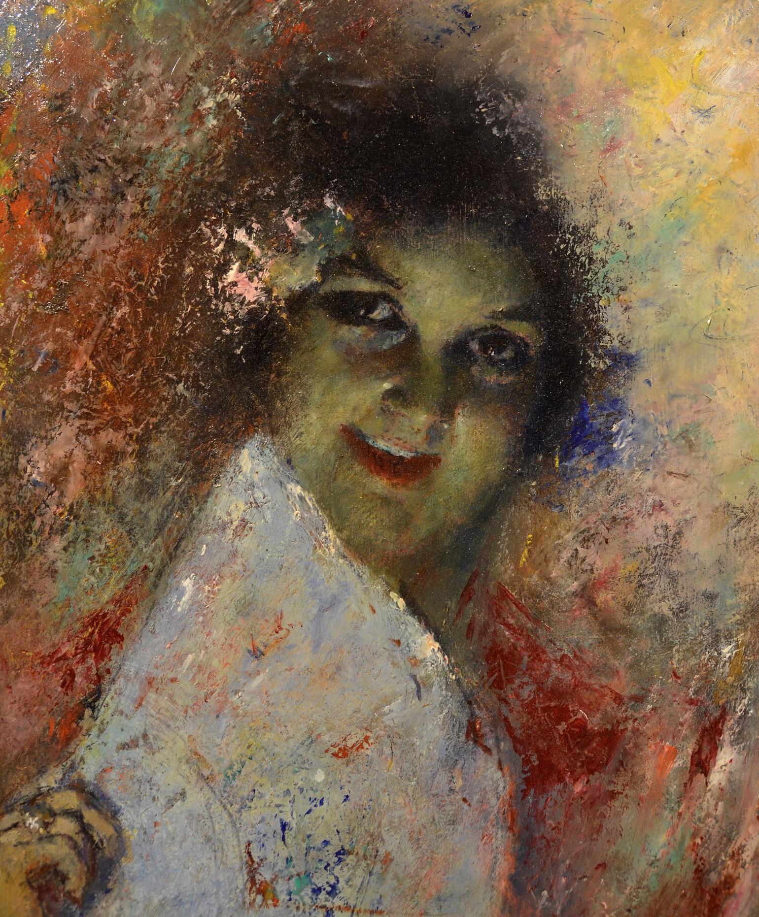 Portrait Girl 19th Century Neapolitan Italy paint Oil on panel Impressionist 3