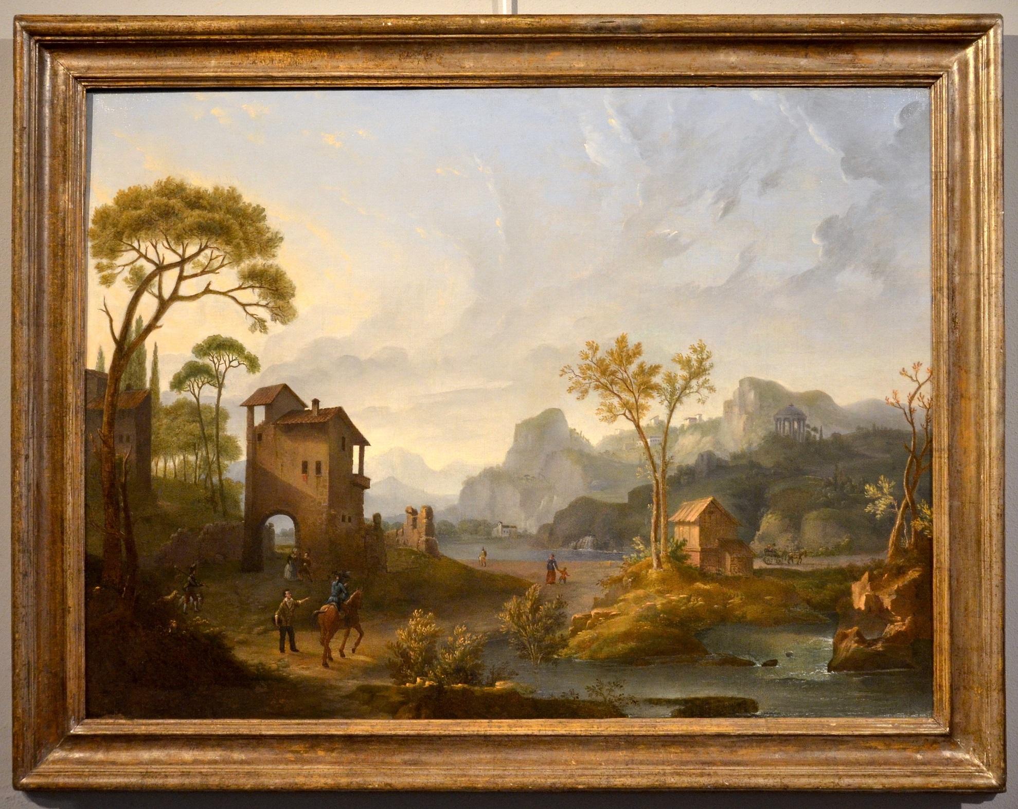 Italienische Flusslandschaft, römische Landschaft, Gemälde Öl auf Leinwand, 18. Jahrhundert, Kunst (Barock), Painting, von Paolo Anesi (Rome 1697-1773), attributable to