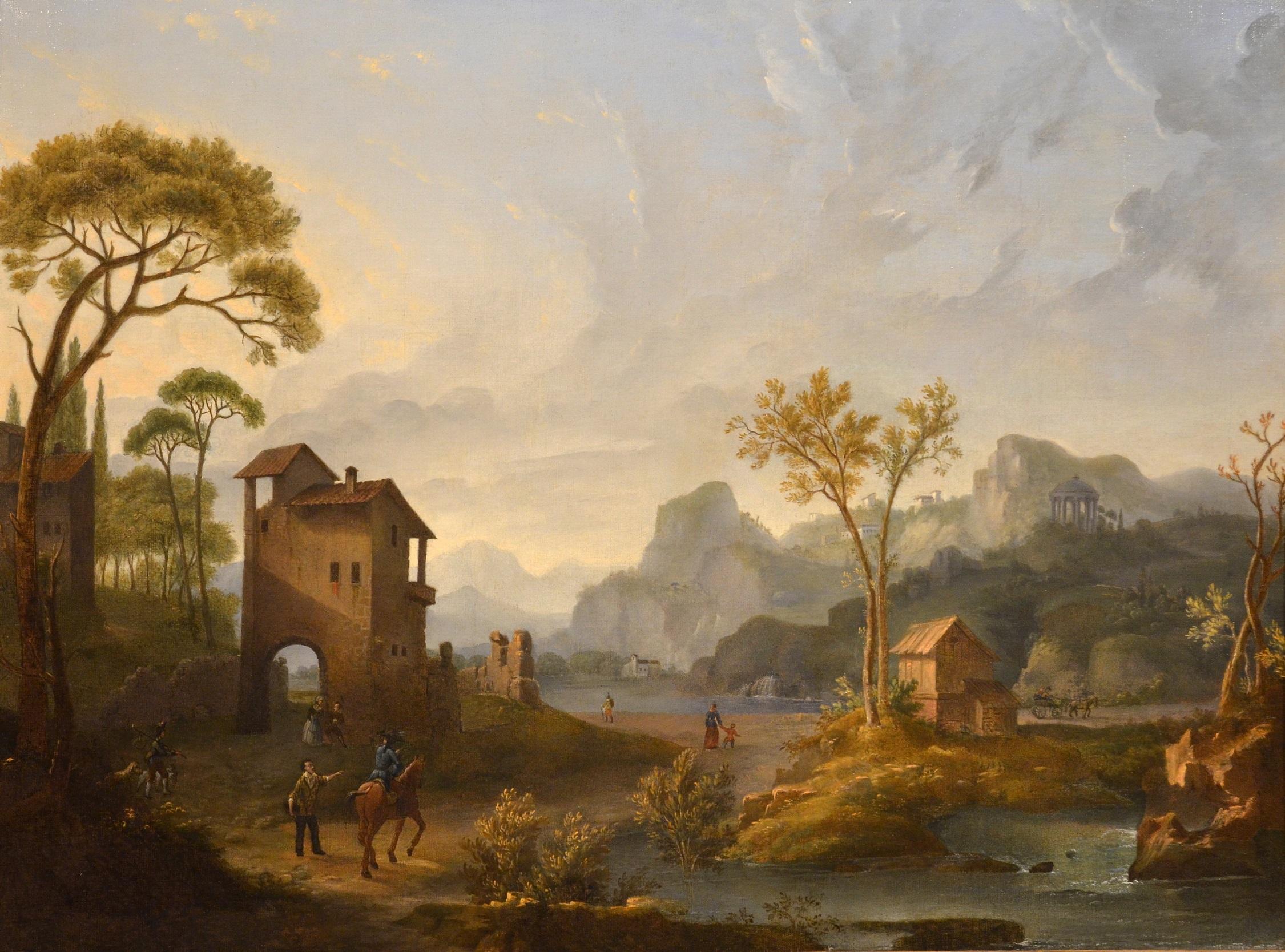 Italienische Flusslandschaft, römische Landschaft, Gemälde Öl auf Leinwand, 18. Jahrhundert, Kunst – Painting von Paolo Anesi (Rome 1697-1773), attributable to