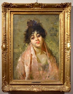 Peinture à l'huile sur toile portrait de femme impressionniste signée Salvatore Postiglione