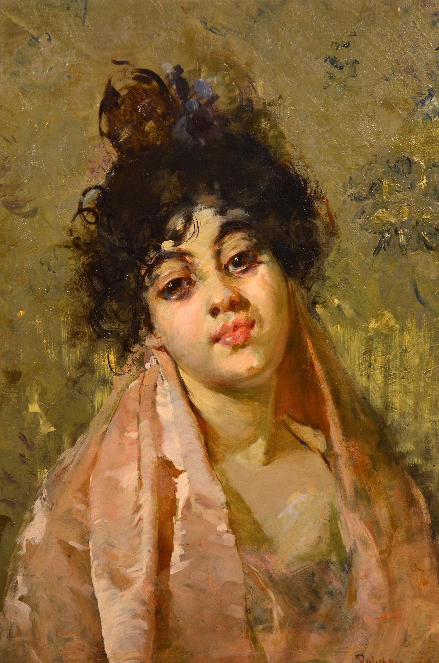 Salvatore Postiglione) Paint Oil on canvas Signed Portrait Woman Impressionism - Impressionist Painting by Postiglione Salvatore (Naples 1861 - 1906)