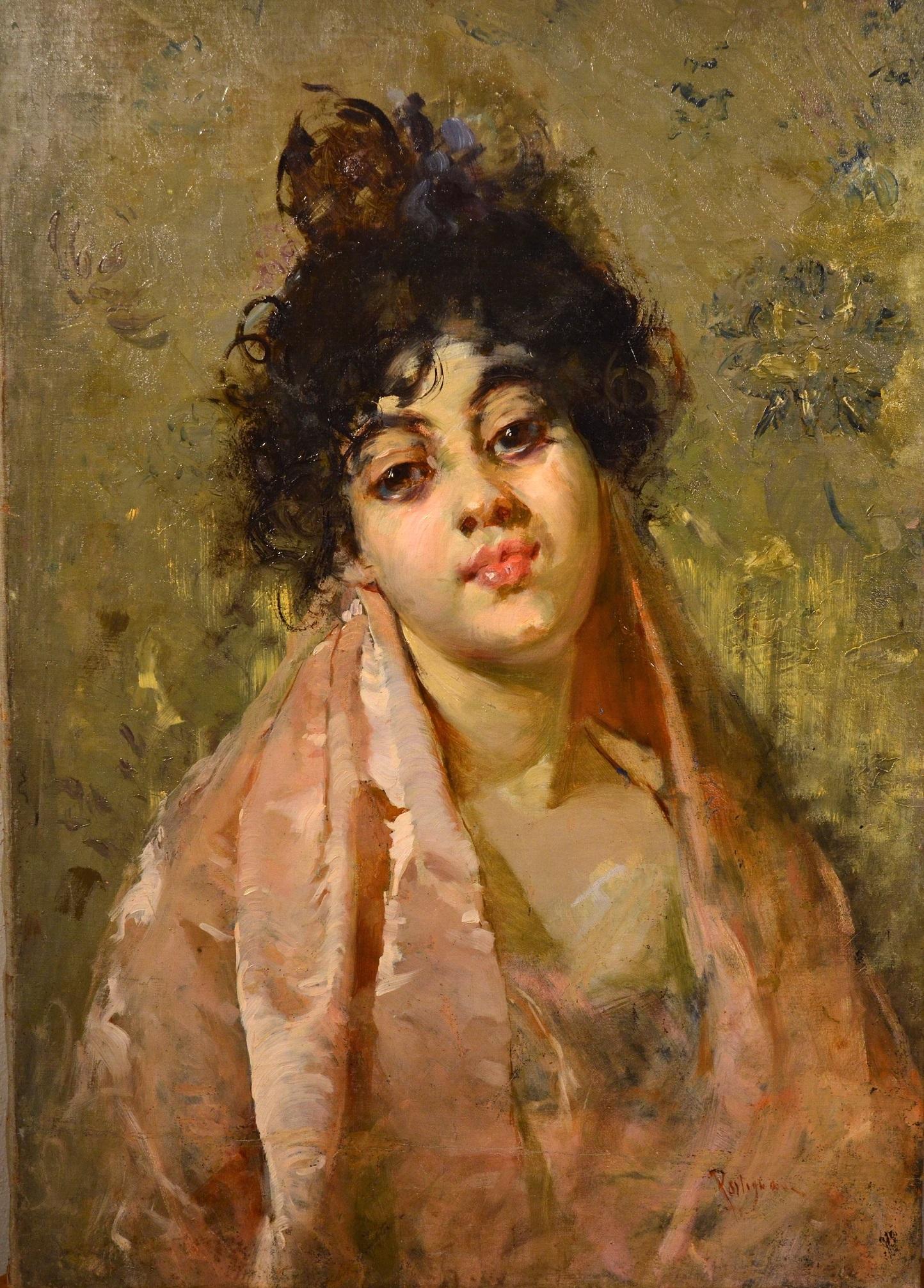 Salvatore Postiglione) Paint Oil on canvas Signed Portrait Woman Impressionism 1