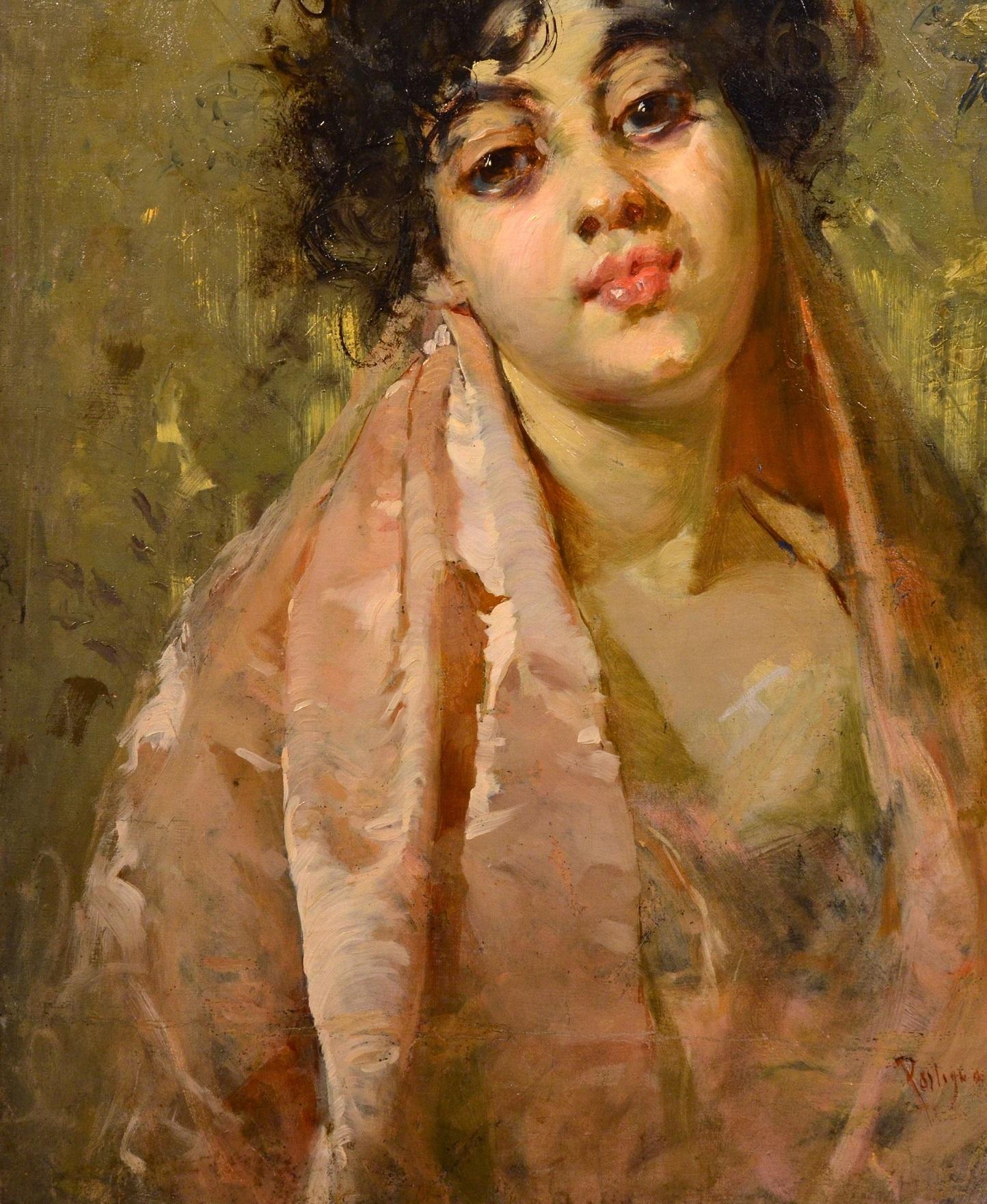 Salvatore Postiglione) Paint Oil on canvas Signed Portrait Woman Impressionism 3