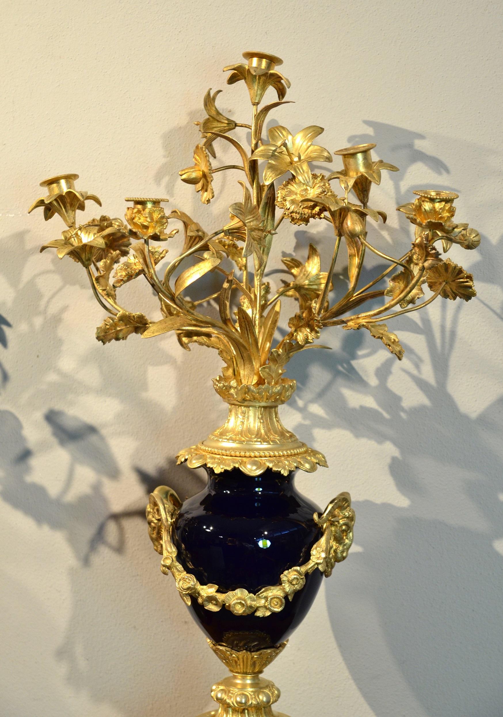 Gold Louis XVI Candelabra Gilt Bronze Blue Sèvres Porcelain France 19th Century - Baroque Sculpture by France, 19e siècle