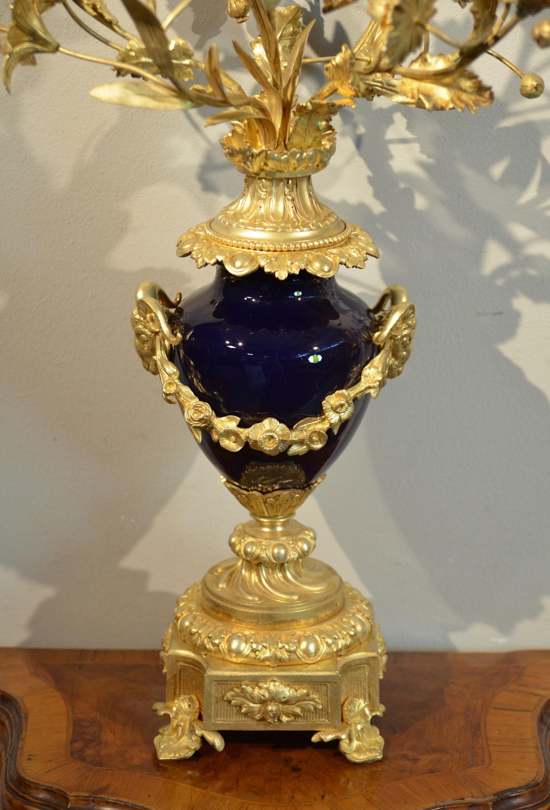 Gold Louis XVI Candelabra Gilt Bronze Blue Sèvres Porcelain France 19th Century For Sale 1