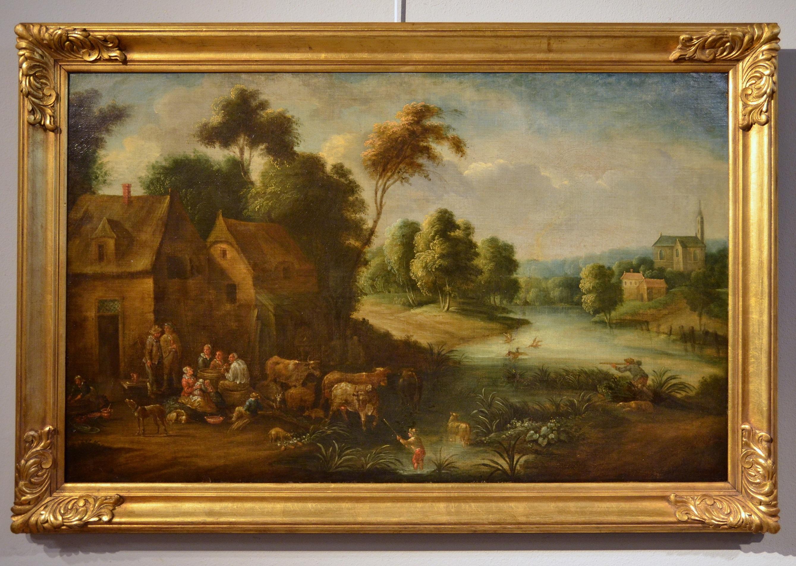 River Landscape Village Paint oil on canvas 17th Century 