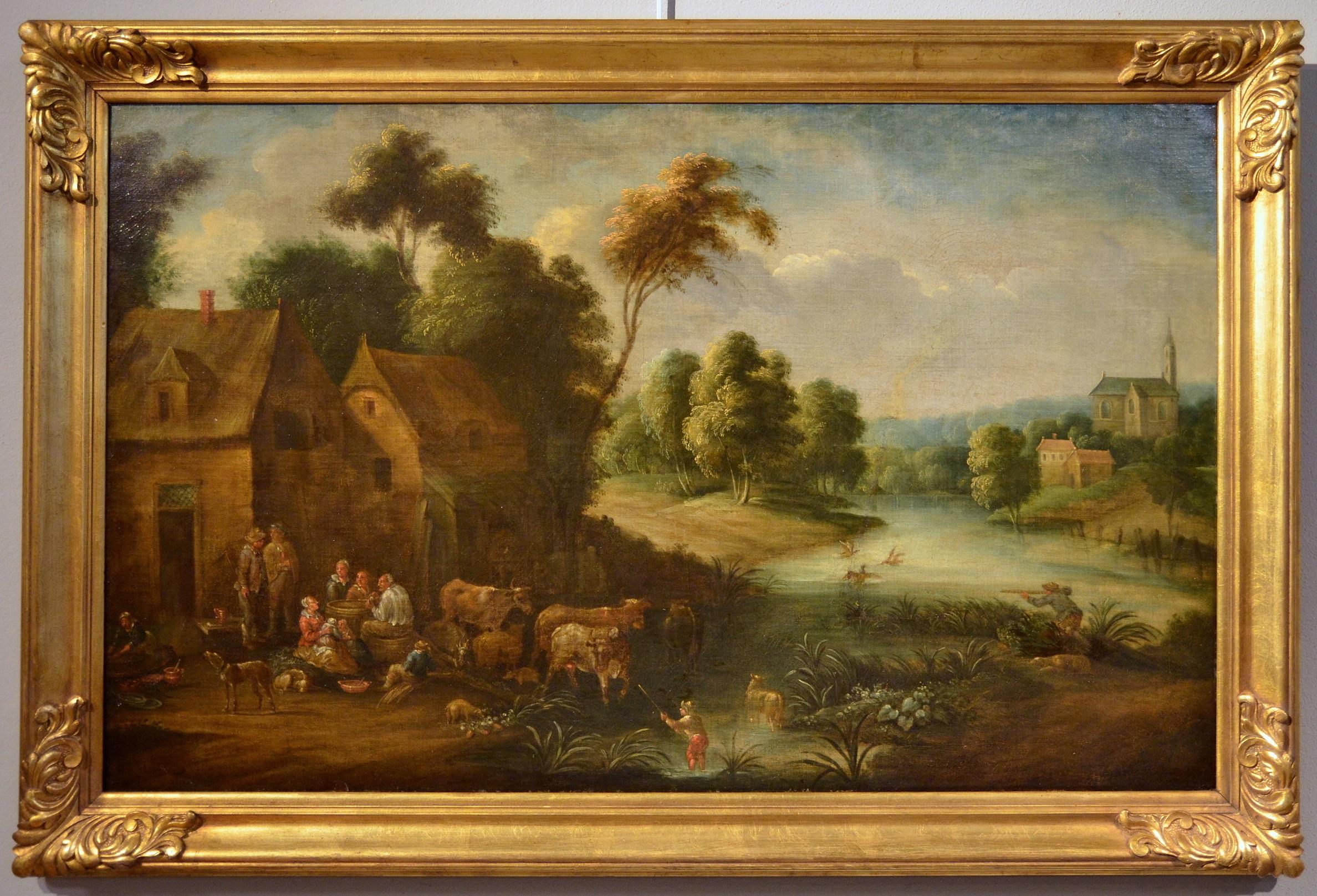 Peinture à l'huile sur toile Village de paysage fluvial 17ème siècle  - Maîtres anciens Painting par Unknown