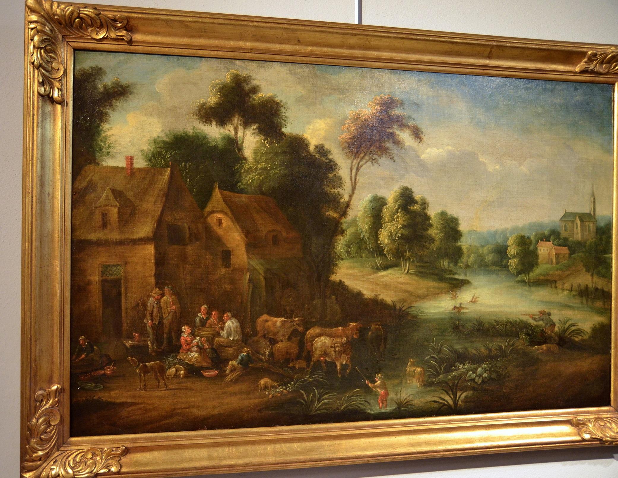 Peinture à l'huile sur toile Village de paysage fluvial 17ème siècle  en vente 1