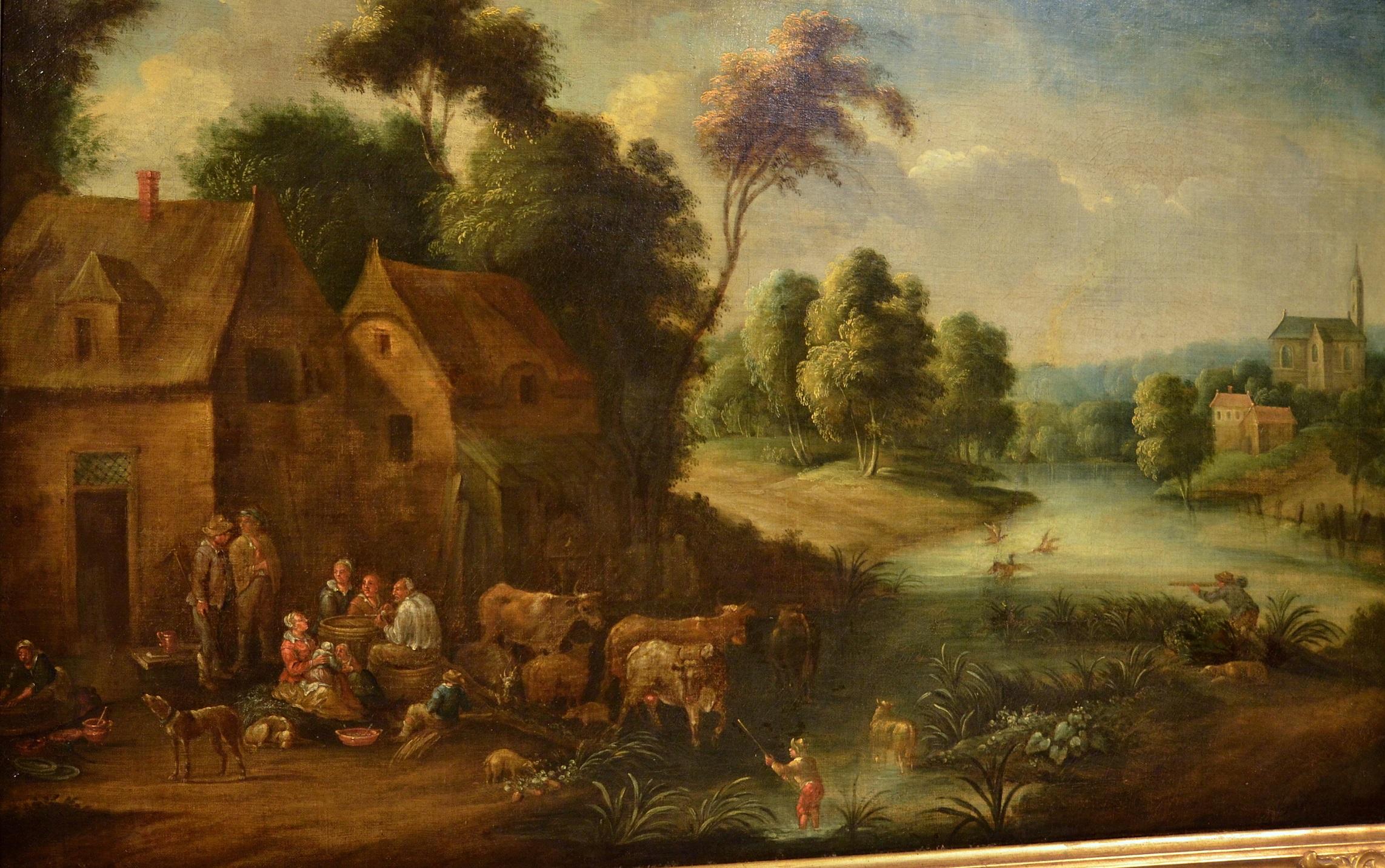 River Landscape Village Paint oil on canvas 17th Century  - Old Masters Painting by Unknown