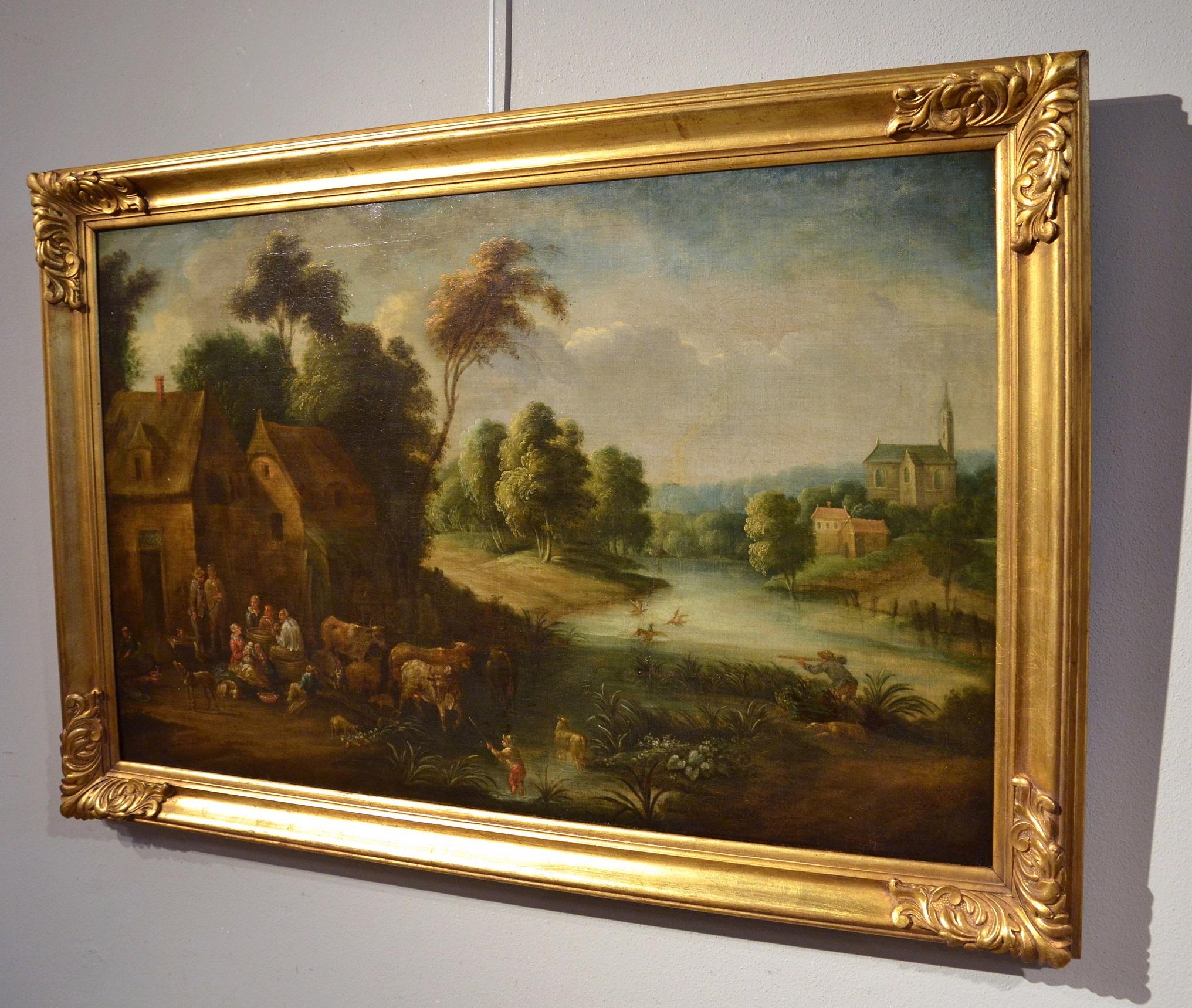 Peinture à l'huile sur toile Village de paysage fluvial 17ème siècle  en vente 3
