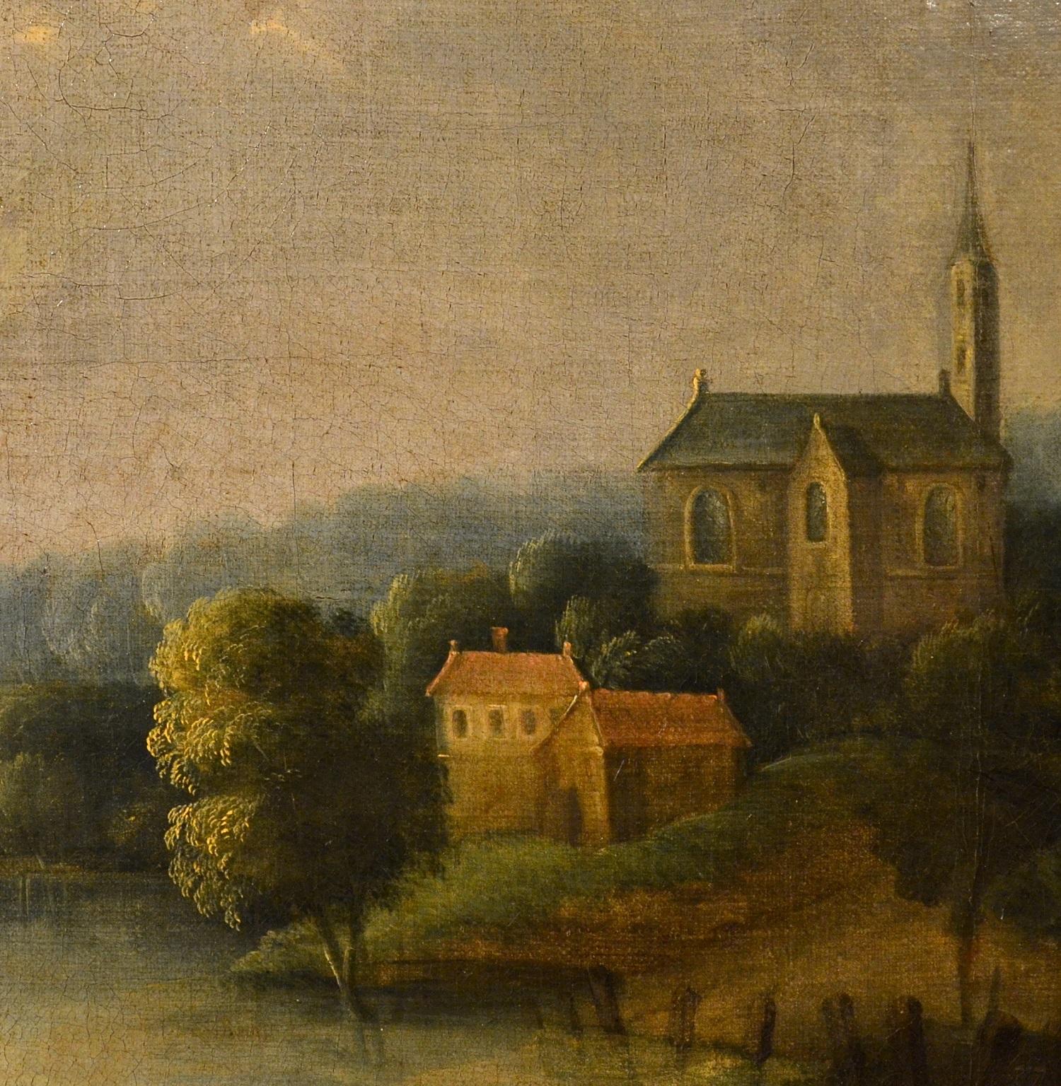 River Landscape Village Paint oil on canvas 17th Century  For Sale 2