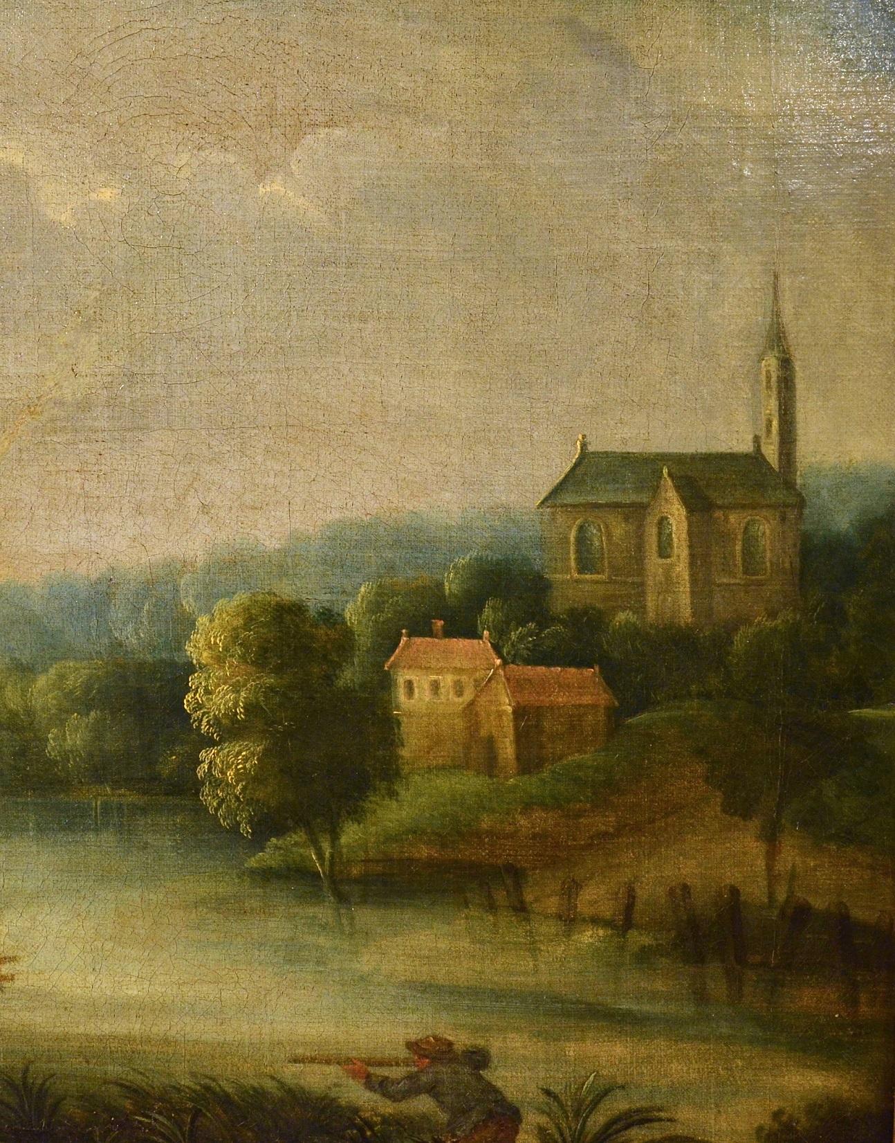 River Landscape Village Paint oil on canvas 17th Century  For Sale 1