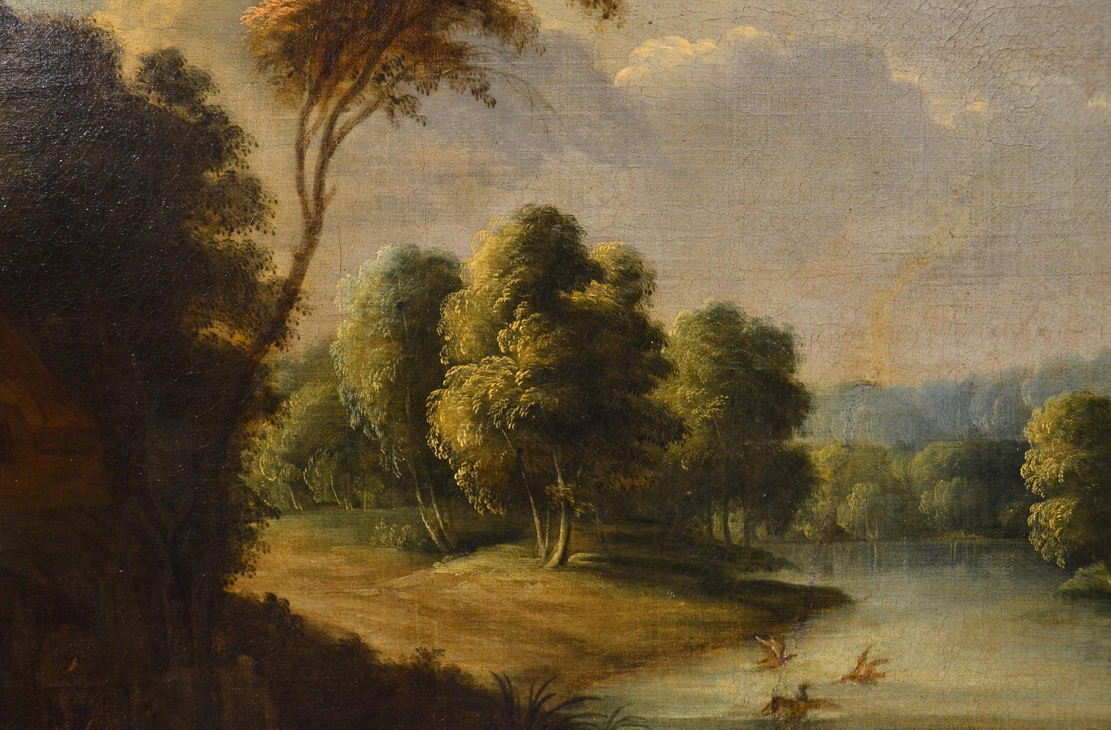 River Landscape Village Paint oil on canvas 17th Century  For Sale 3