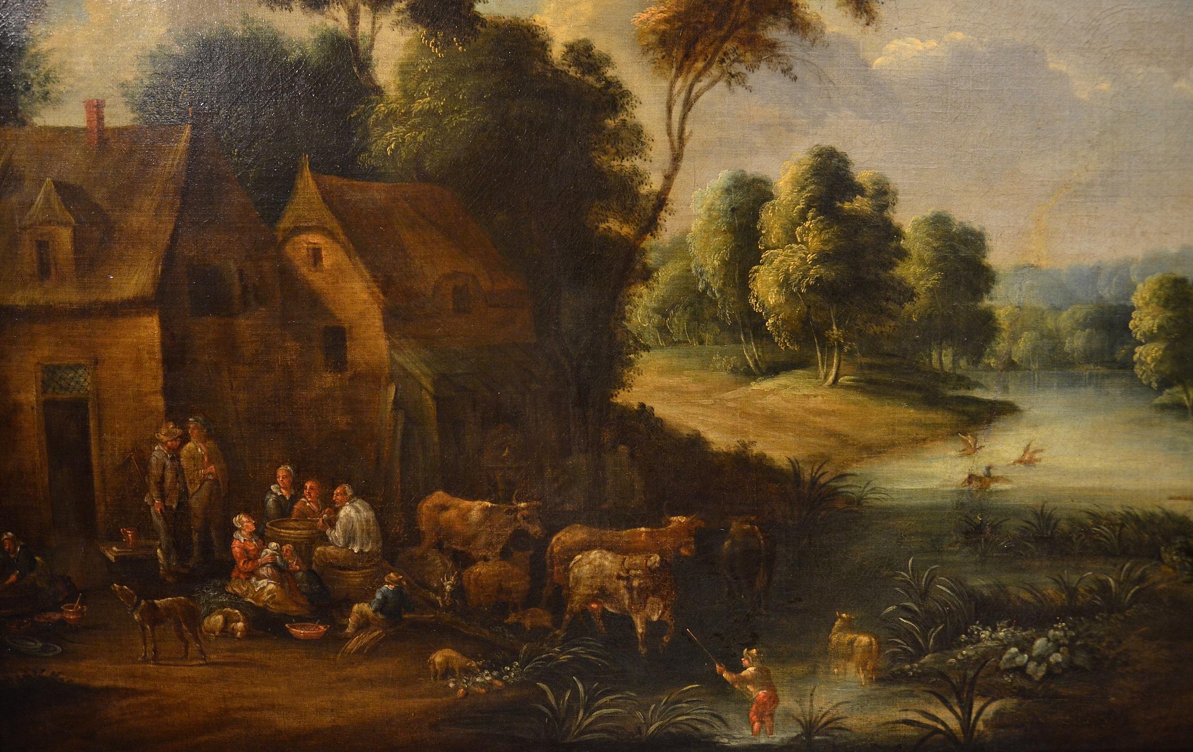 Peinture à l'huile sur toile Village de paysage fluvial 17ème siècle  en vente 7
